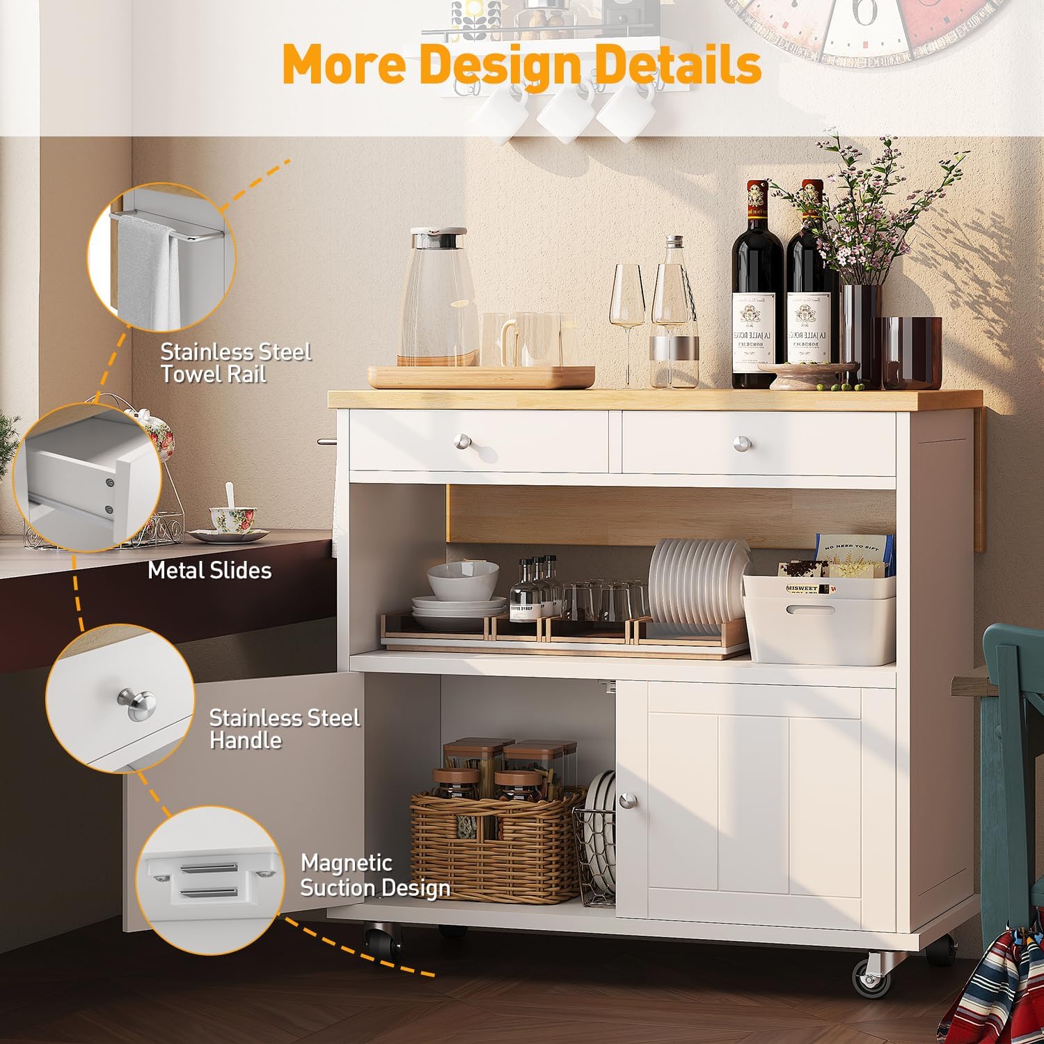 Rolling Kitchen Island with Folding Drop Leaf Breakfast Bar, 35.4'' W Kitchen Cart with Storage Cabinet and 2 Drawers, Portable Mobile Kitchen Island Table with Towel Rack, Lockable Wheels, White