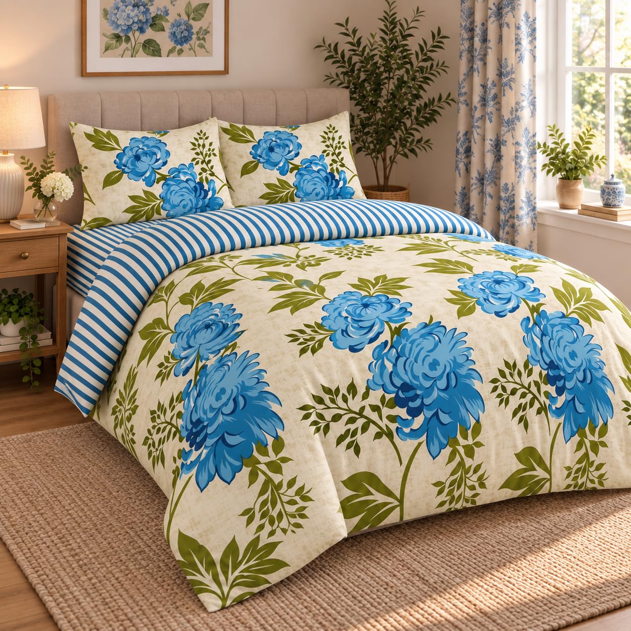 Opulent Living Double Bed Duvet Cover Set - Fitted Sheet & Pillow Covers