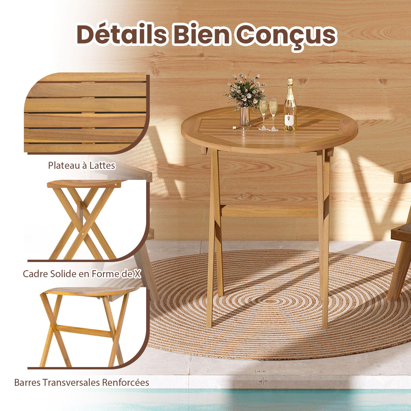 GOPLUS Table Pliante Exterieur Bois d'Acacia Ronde Balcon Pliable Plateau à Lattes 80 kg 67 x 69,5 cm