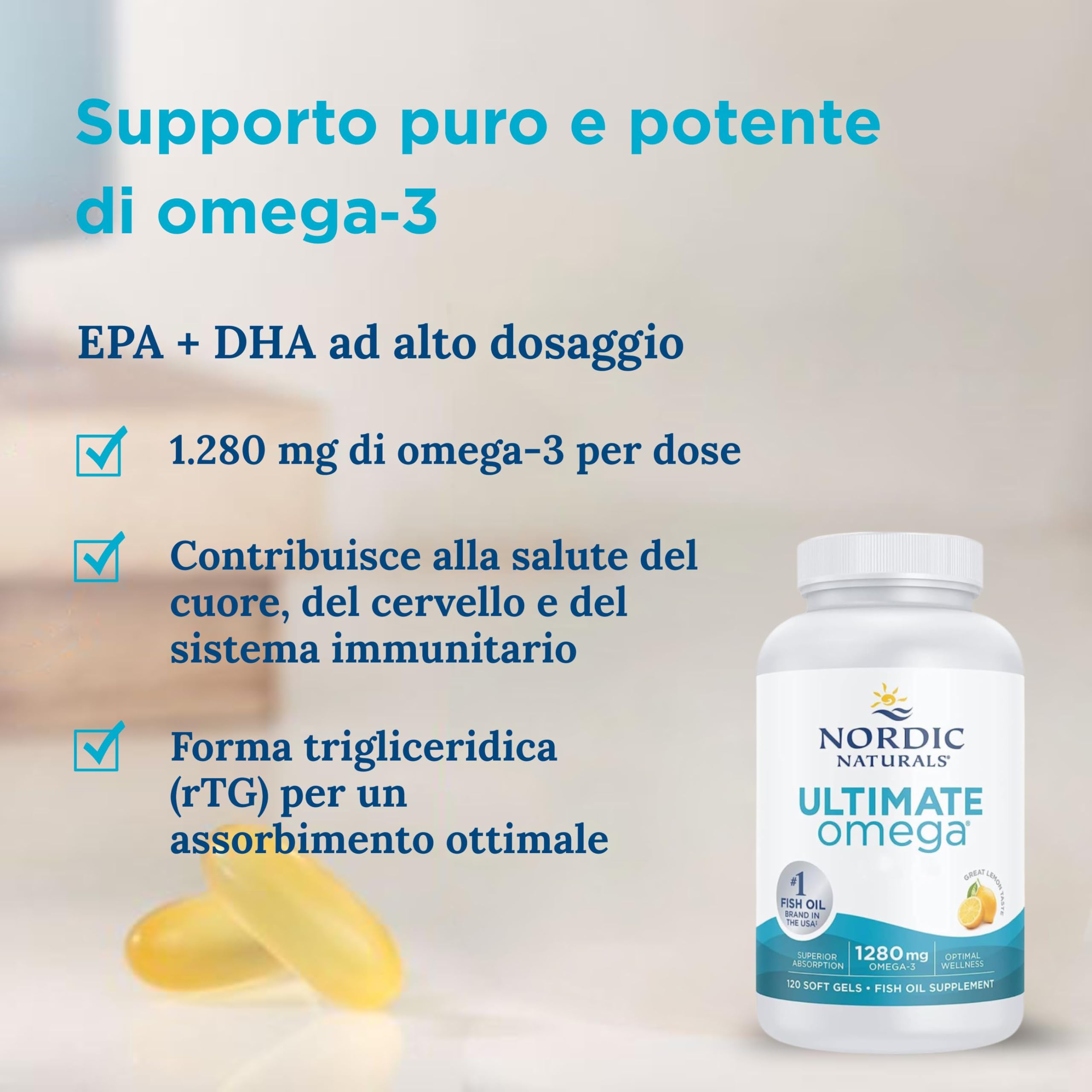 Nordic Naturals, Ultimate Omega-3, 1280 mg, Gusto Limone, Altamente Dosato, 120 Capsule molli, Testato in Laboratorio, Senza Soia, Non OGM