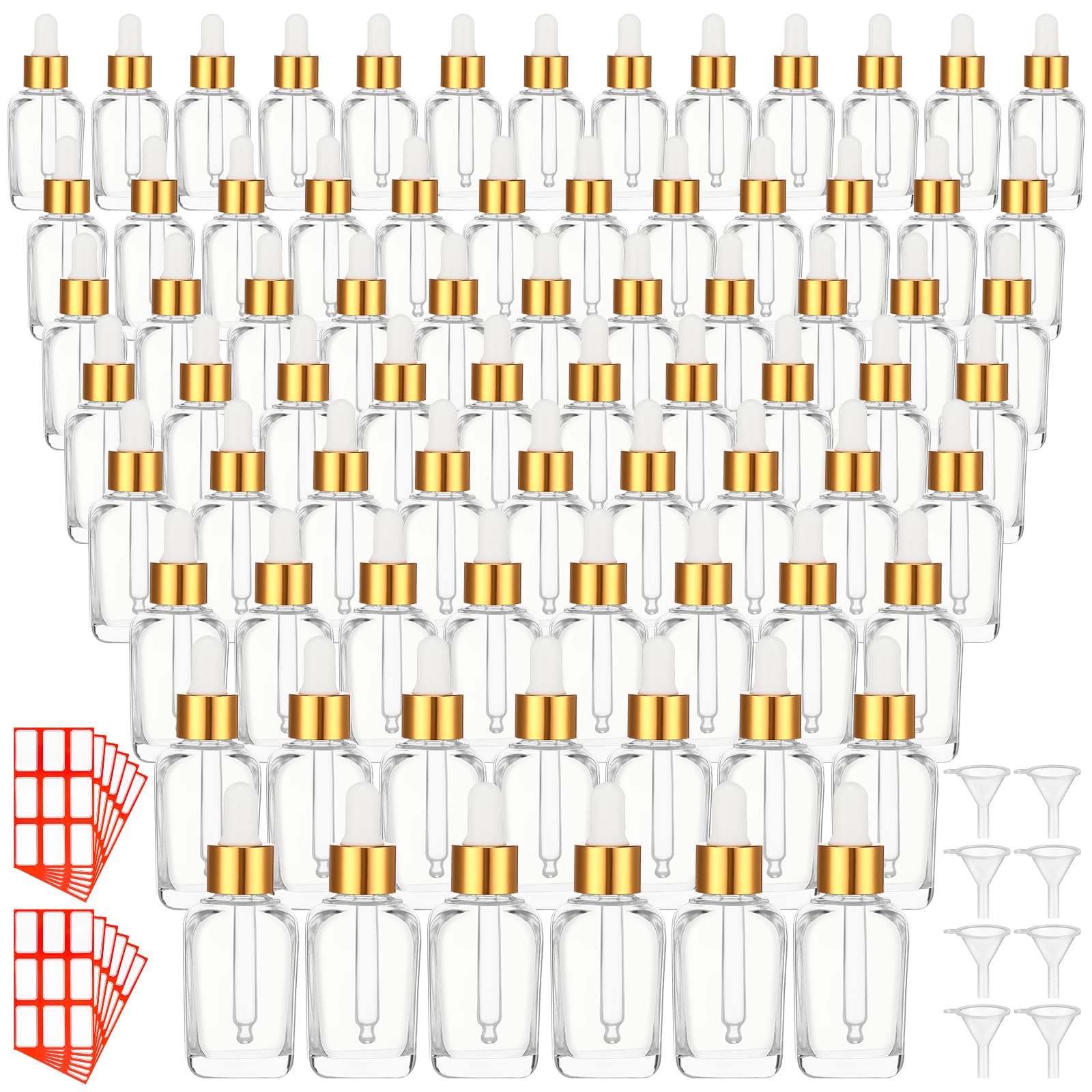 Dandat 100 Pcs 1 oz Clear Glass Dropper Bottles 30 ml Eye Dropper Bottles Leakproof Empty Tincture Glass Containers Bulk with Labels and Funnels Golden Caps for Essential Oils, Perfumes, Liquids