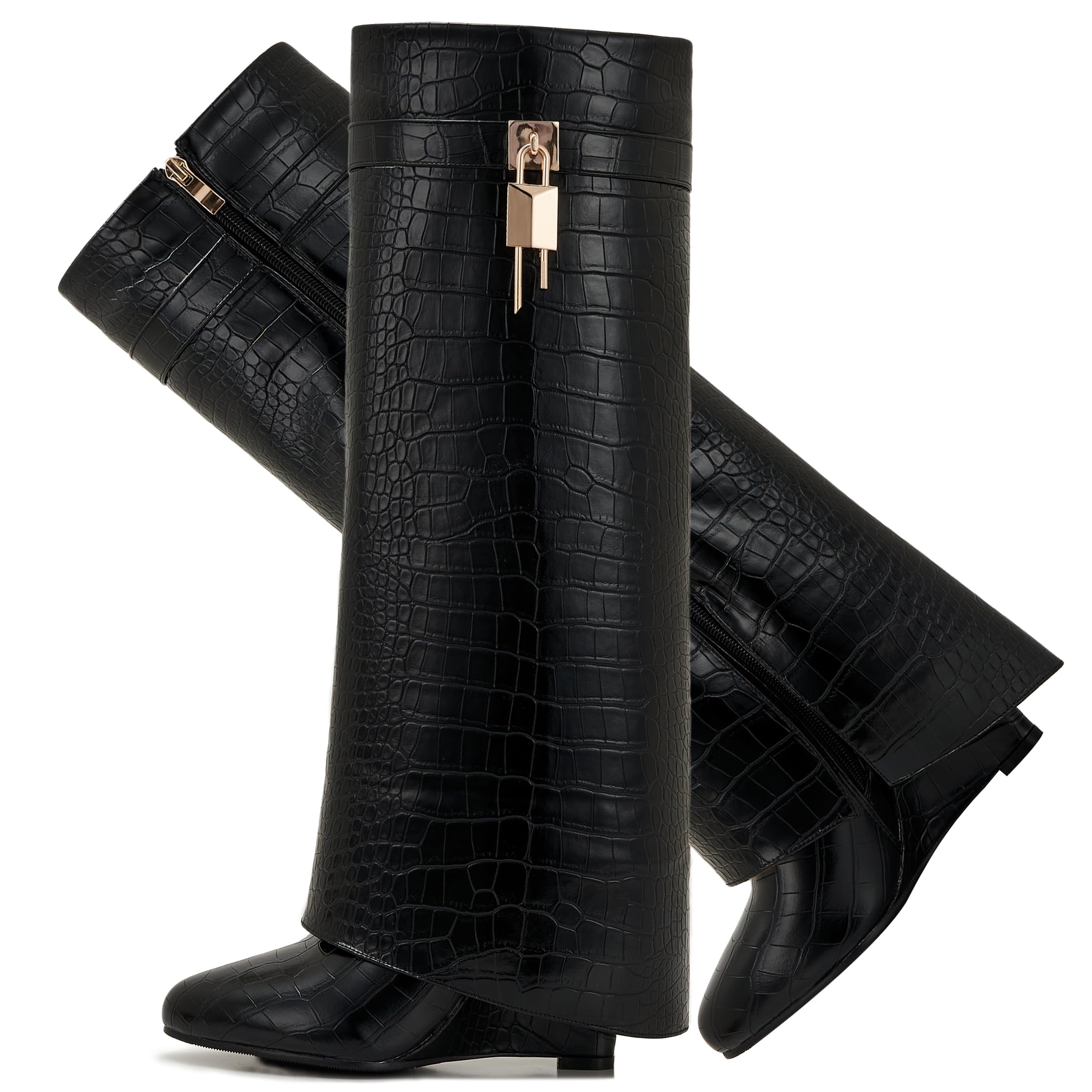 CDHYX Fold Over Boots for Women Pointy Pull-on Wedge Heel Knee Shark Boot With Side Zipper Padlock Design: 5.5 Black-crocodile-1