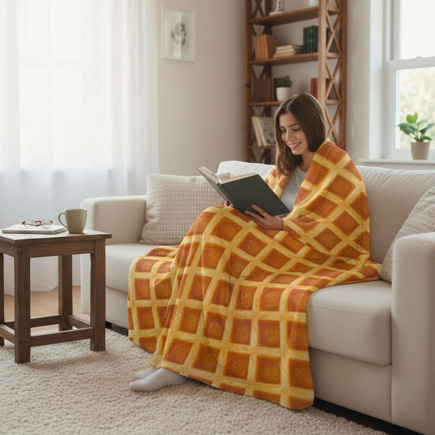 Realistic Waffle Throw Blanket, Super Soft Warm Flannel Fleece Nap Food Blankets for Couch Dorm Sofa Room, Funny Gag Gifts for Teenage Boys and Girls, 50×60 inch