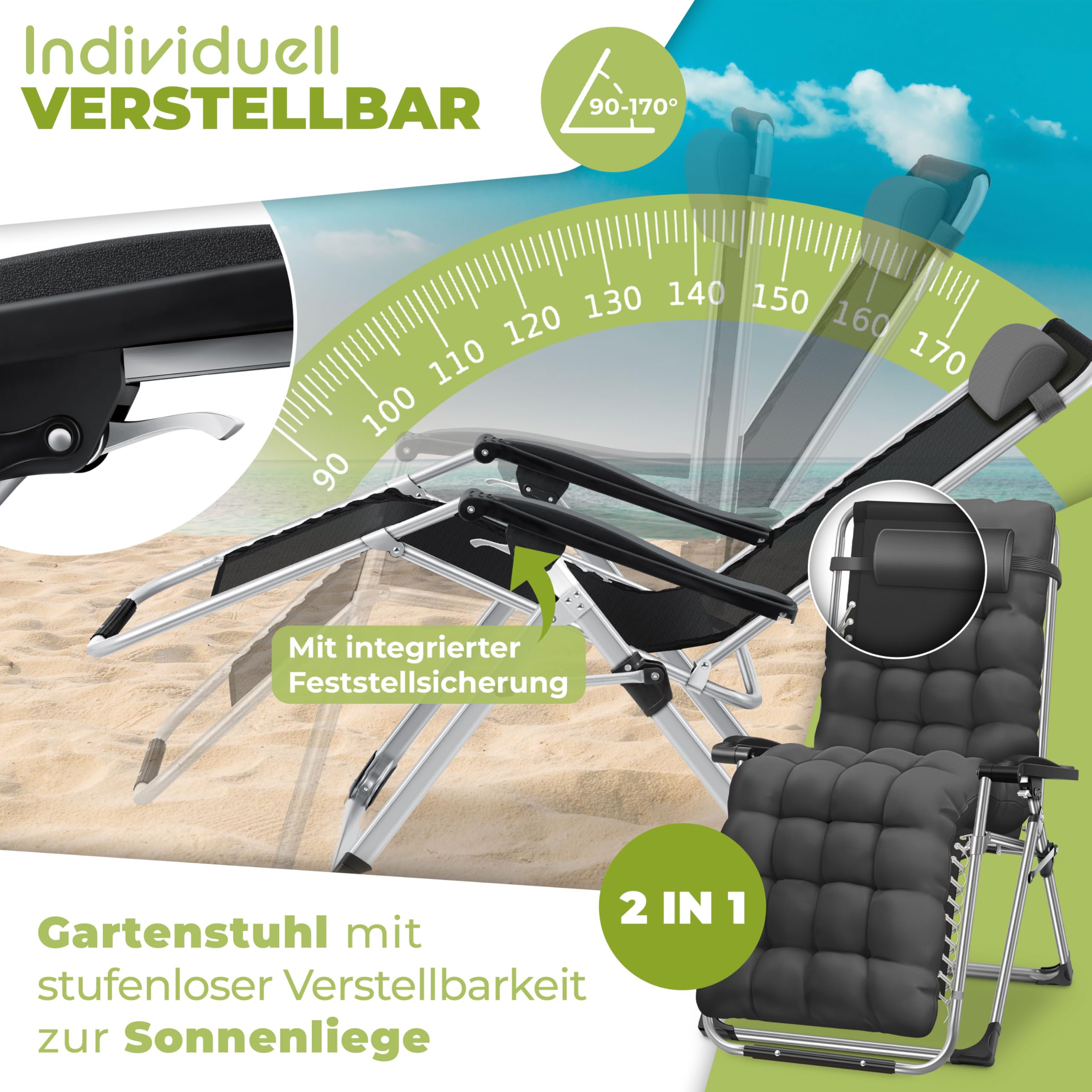 KESSER® Tumbona Plegable y Resistente | Silla de Jardín, Capacidad de 200 kg, Acolchado Ergonómico Extra Ancho, Respaldo Ajustable, Almohada para el Cuello y Portavasos