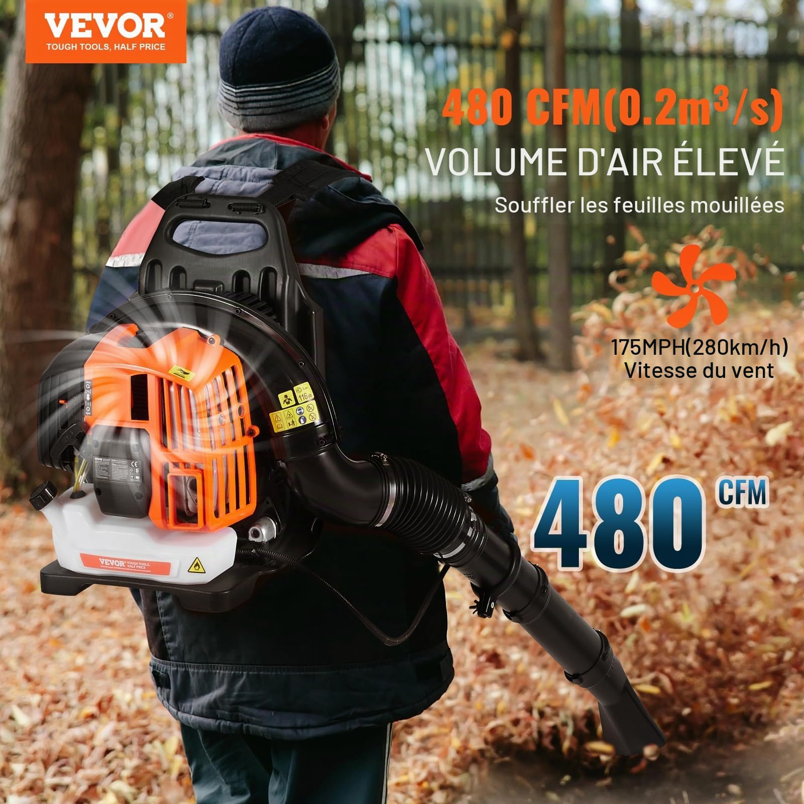 VEVOR Souffleur de Feuilles à Essence, 52 CC, souffleur de Neige à Dos 2 Temps, avec réservoir de Carburant 1,37 L, Volume d'air 480 CFM pour Entretien de pelouse, Nettoyage de Feuilles, déneigement
