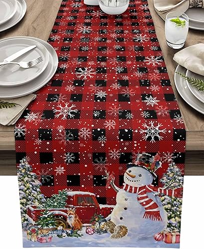 Miniatura 39 de Camino de mesa de lino de arpillera de 108 pulgadas de largo, arte abstracto moderno, bloque de color, gris, negro y rojo, camino de mesa