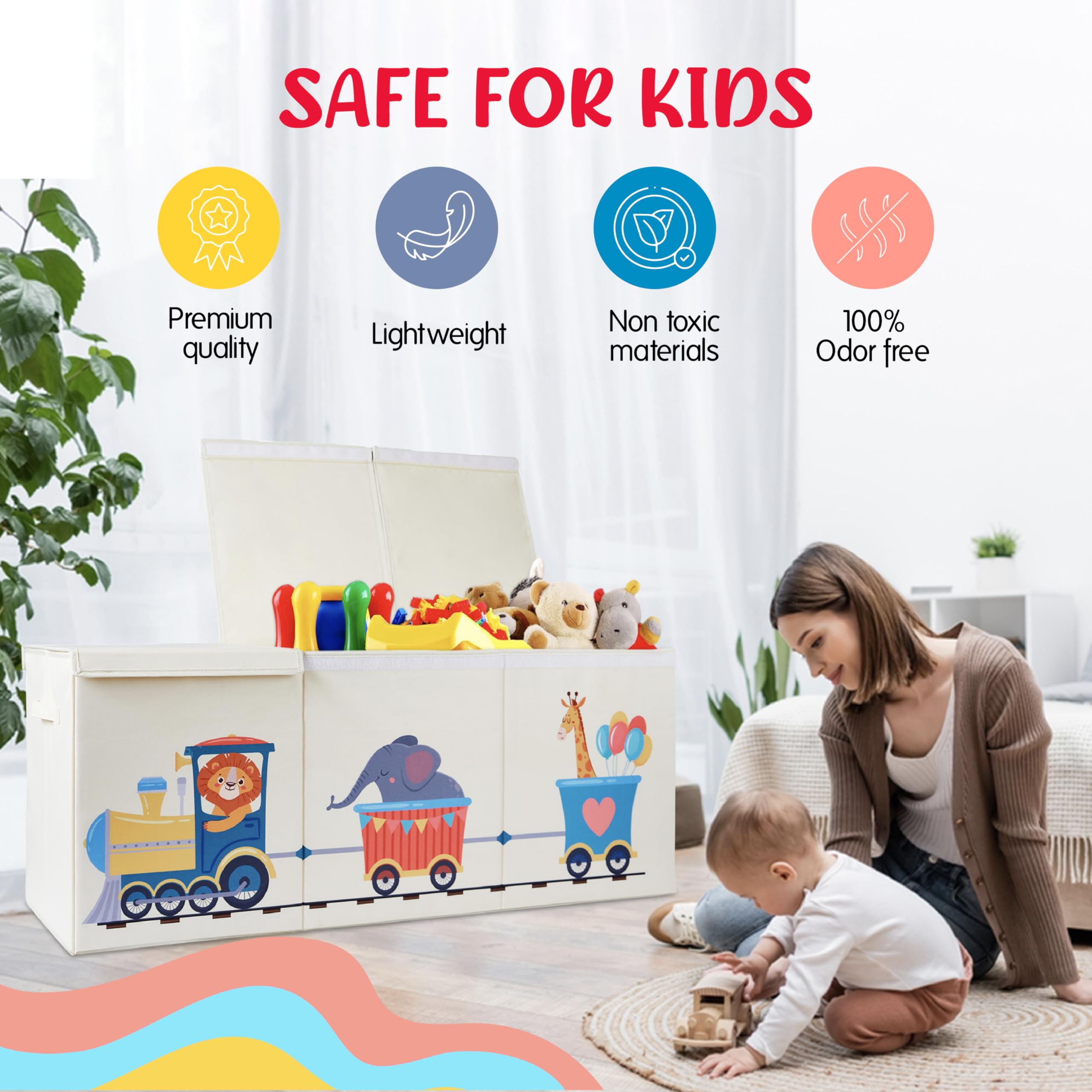 Rossoff Extra Large Collapsible Sturdy Toy Storage Organizer with Lids, Animal Train Toy Box for Boys Girls, 40