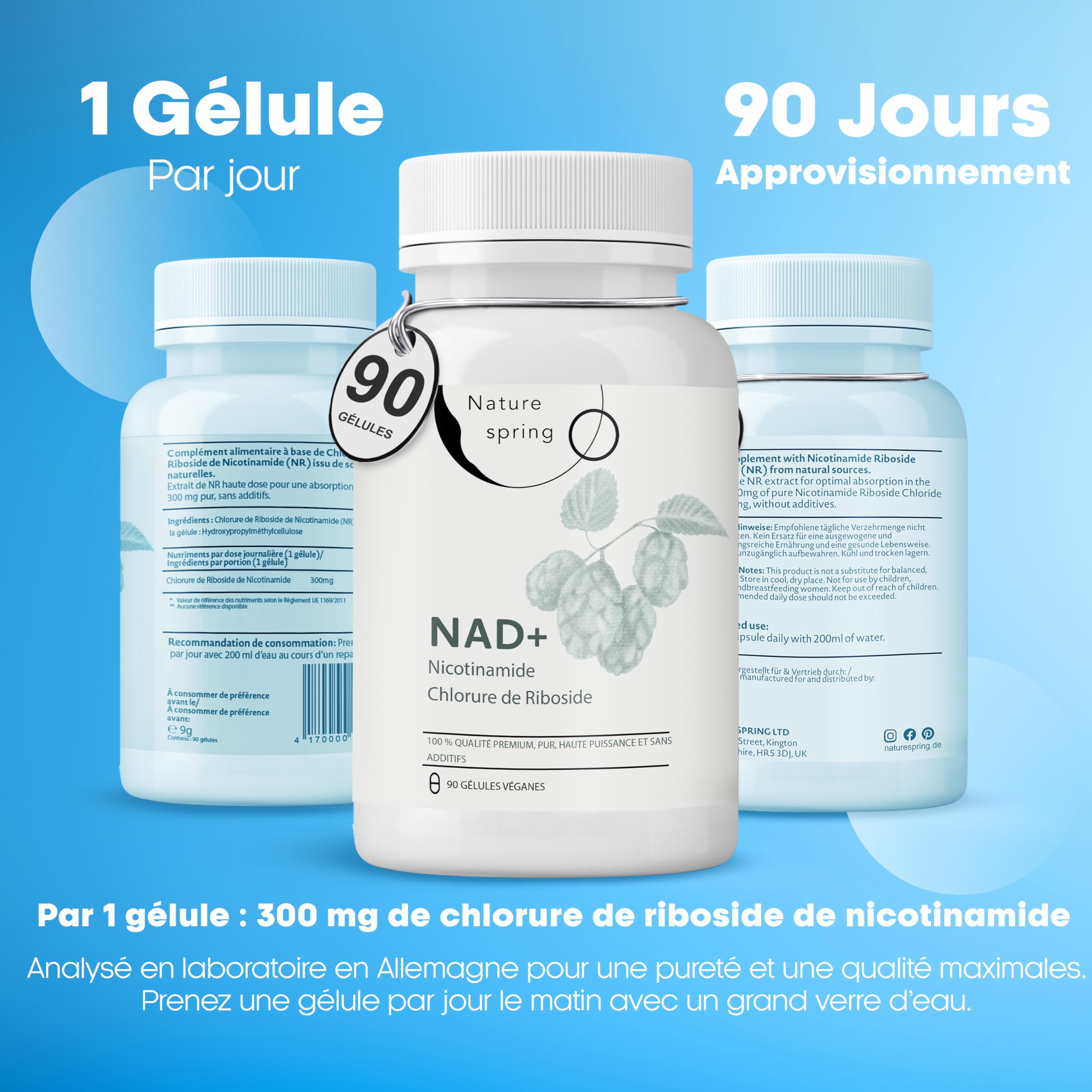 Nad Supplement Nicotinamide Riboside 90 Capsules - Testé en Laboratoire en Allemagne - 300 mg par Capsule - Nicotinamide Nad pour 3 Mois