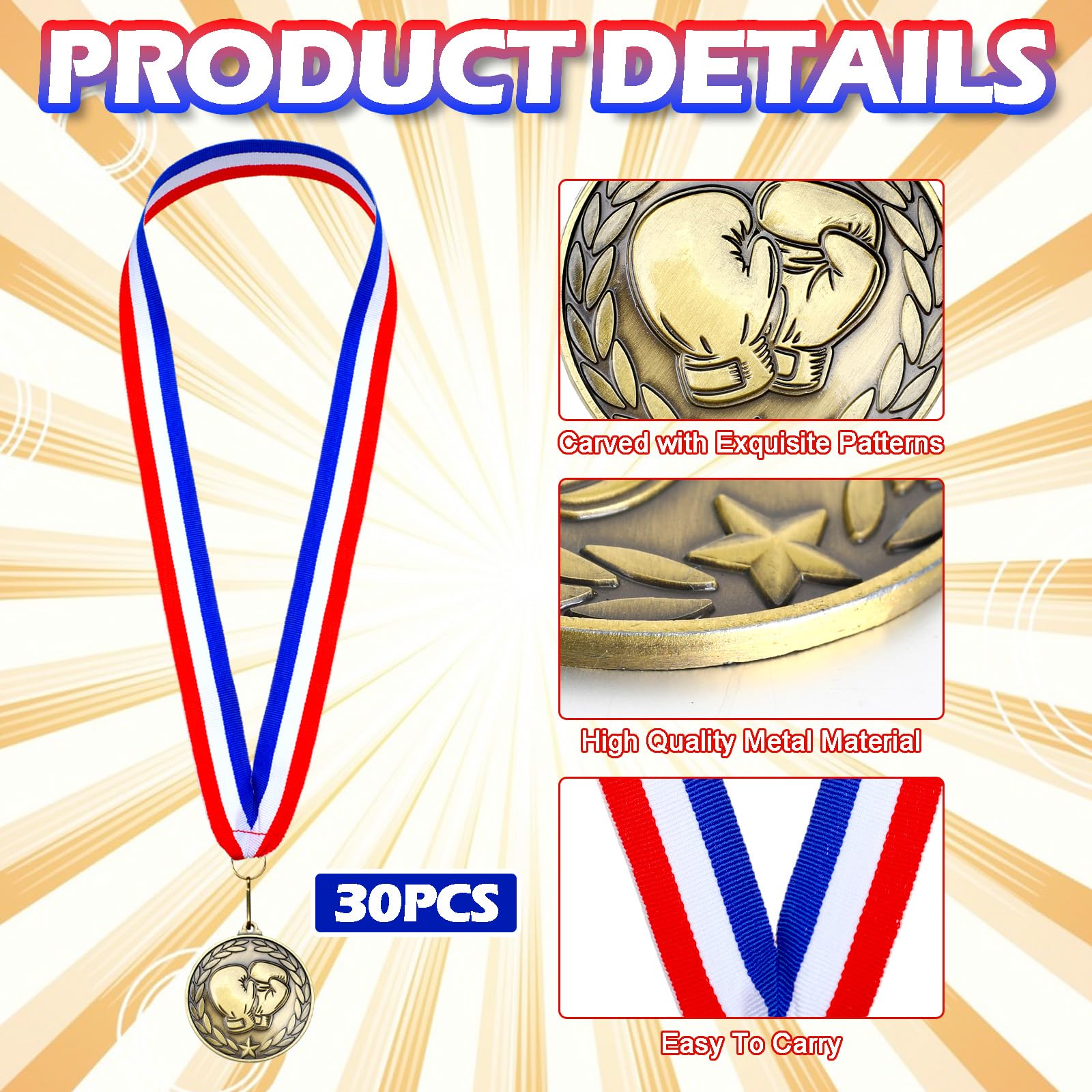 Remuuly 30 medallas de premio a granel de 2 pulgadas, ganador del premio de oro de metal con cintas para el cuello, premio de premio para torneos, partidos, equipos de competición deportiva, adultos