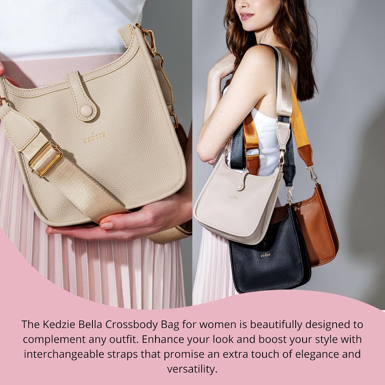 KEDZIE Bella Vegan Leather Crossbody Bag for Women with Adjustable Strap
