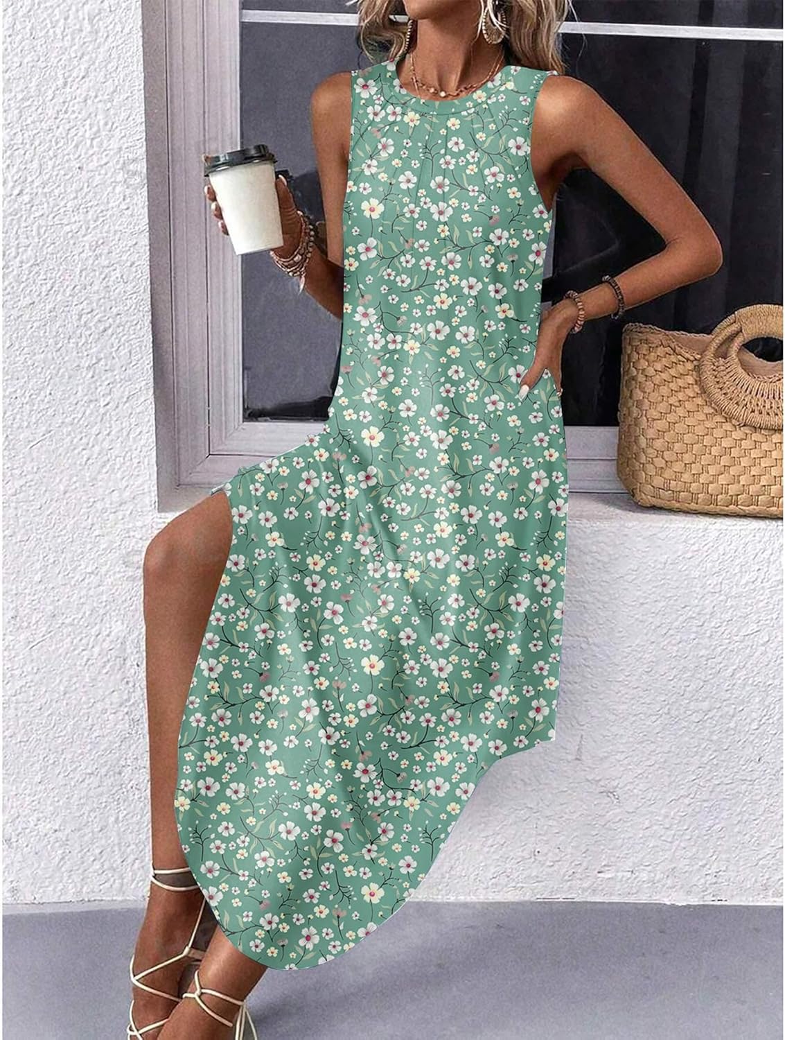 Zeagoo Women Floral Summer Casual Beach Printed Tank Dress with Pockets Pleated Front Long Dress - Image 6