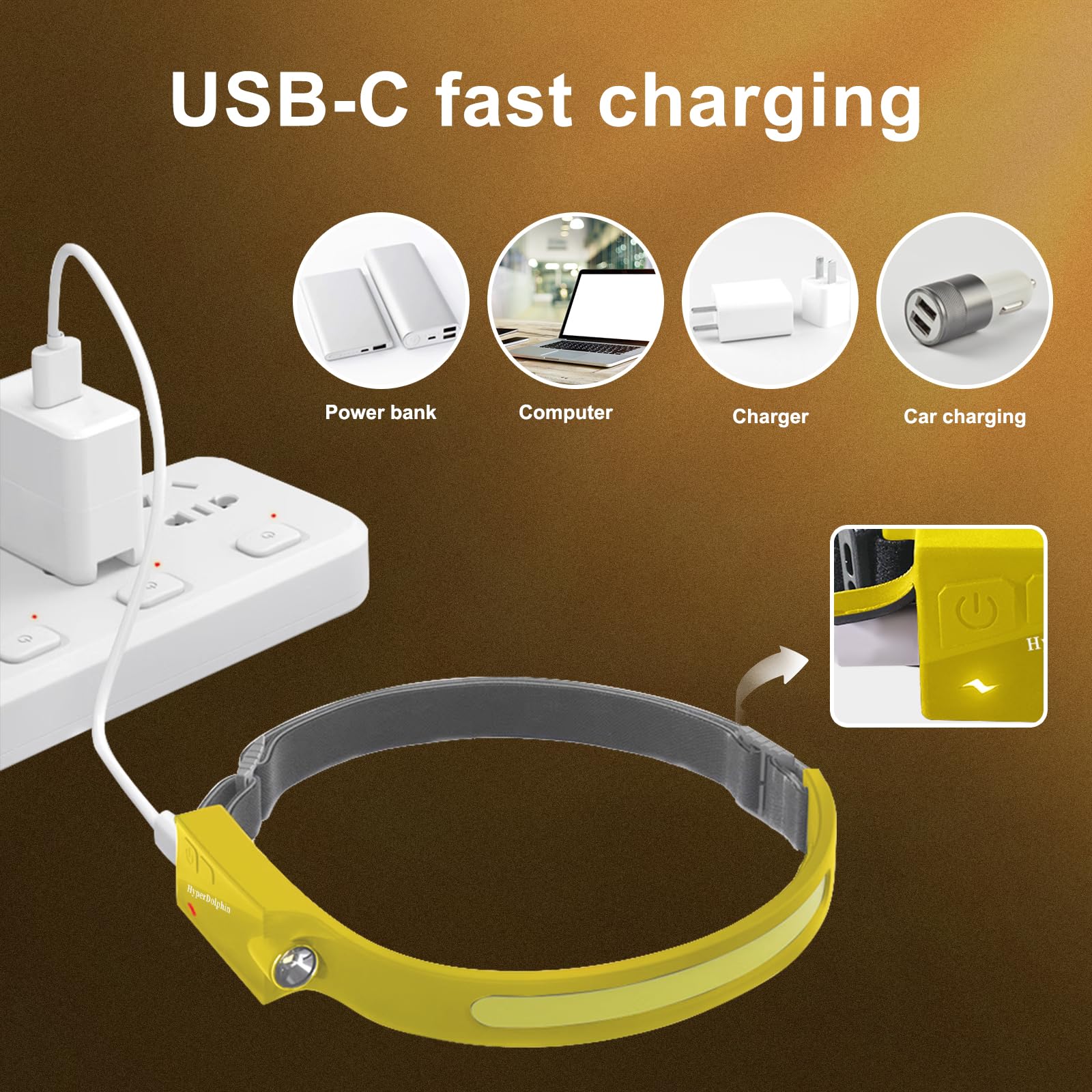 Lampada frontale a LED ricaricabile, confezione da 2, 350 lumen, impermeabile, ampio fascio di luce a 230°, ricarica USB-C (giallo), leggera, confortevole, regolabile, ideale per campeggio