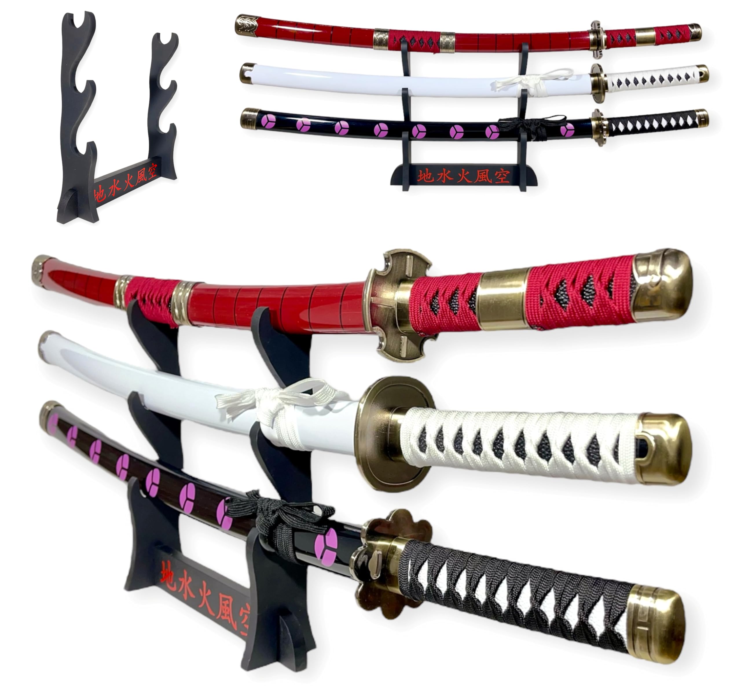 Katane Decorative Giapponesi - Confezione da 3 Spade di Zoro (Shusui, Wado Ichimonji, Sandai Kitetsu) - Supporto Premium Incluso