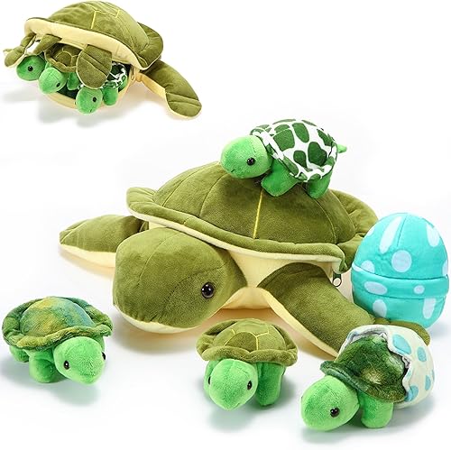 Aoriher Juego de 6 tortugas de peluche de 12 pulgadas, mamá de tortuga marina de peluche con 3 tortugas pequeñas de felpa y 2 huevos de tortuga de