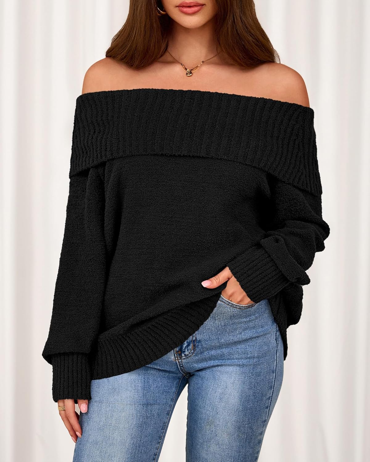 Okiwam Womens Off The Shoulder Sweater Casual Loose Knitted Long Sleeve Pullover Fall Outfits Spring Fashion Clothes 2026 - Image 9