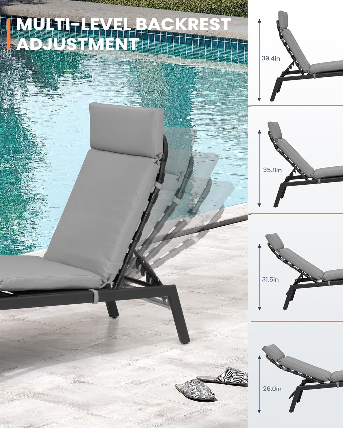 Pellebant Outdoor Chaise Lounge Chairs with Cushions Set of 2, Pool Lounge Chairs with Adjustable Positions, Patio Recliners for Garden, Deck, Yard, Dark Gray