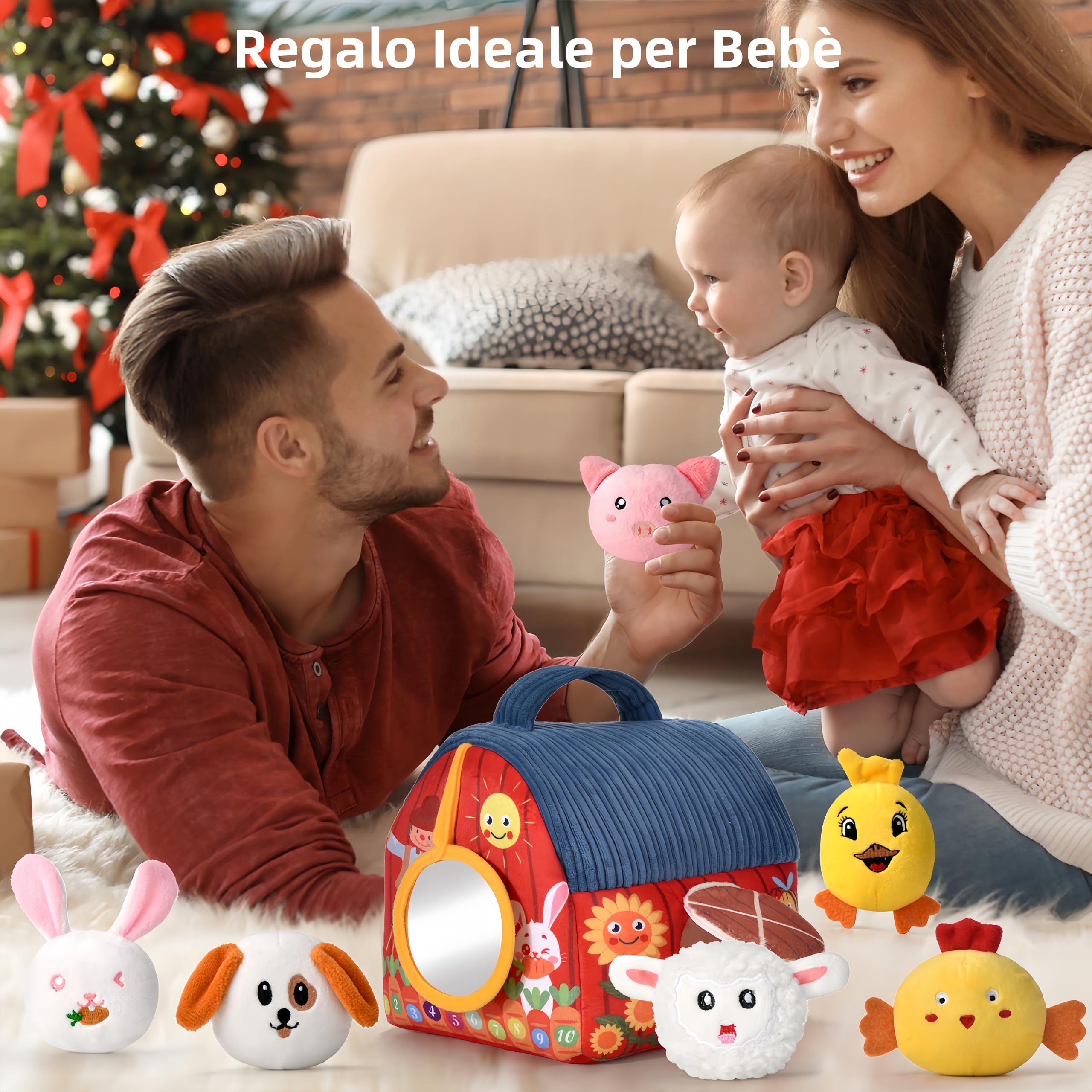 Giochi Montessori Neonato 6-12 Mesi - Casa Morbida Animali da Fattoria con Fienile/Sonaglio/Specchio Neonati Montessori Sensoriale Educativo per Bambini 1 2 3 Anni, Regalo Perfetto per Neonati e Prima