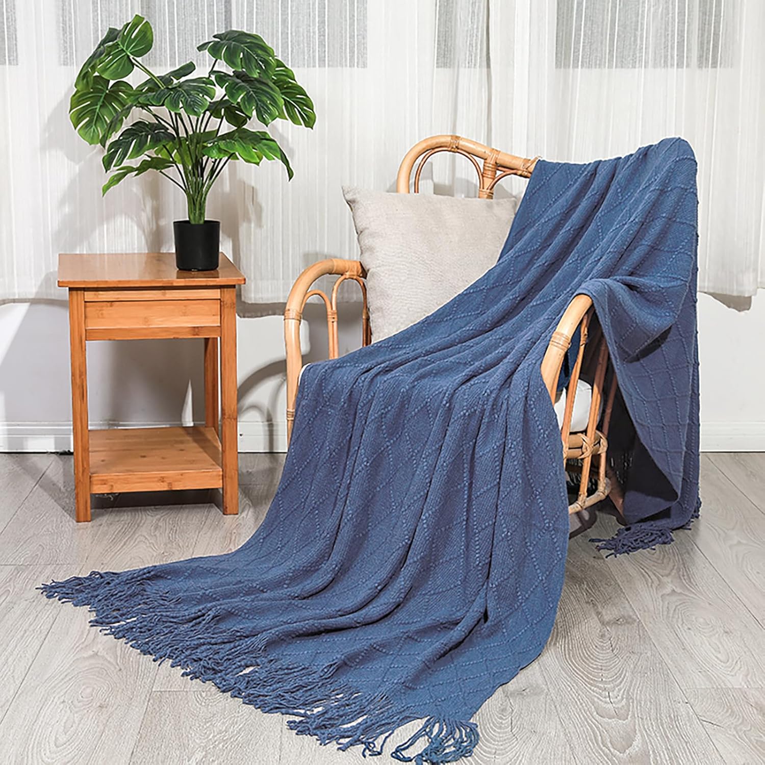 Throw Blanket for Couch Bed, Sofa Knit Blanket Farmhouse Throw for Living Room, Decorative Fall Throw Blanket for Chair, Outdoor Textured Boho Blanket?Denim Blue 51x67In?