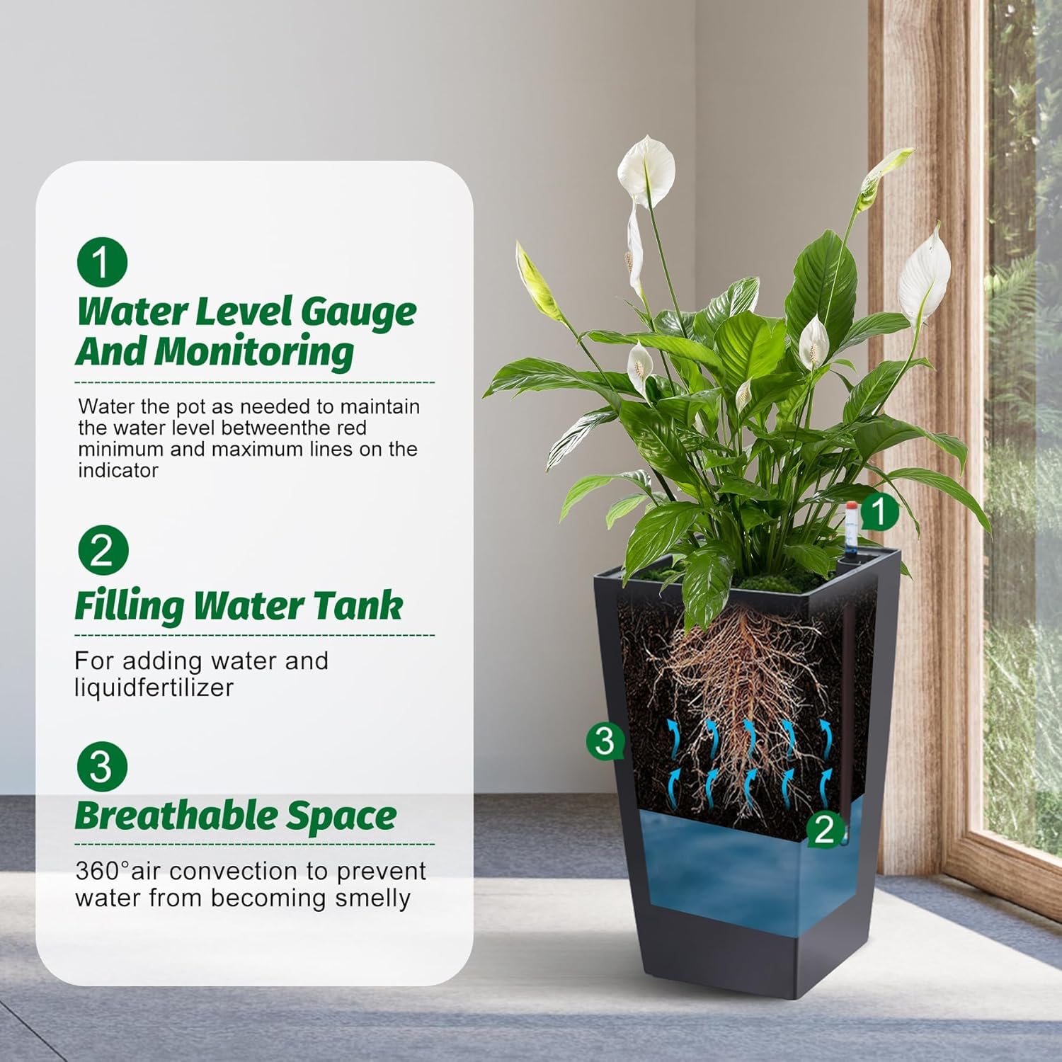 16 Inch Tall Planters Set of 2, Outdoor and Indoor Black Planter Pots with Drainage Holes, Water Level Monitor, Inner Bucket, and Automatic Watering System, Perfect for Front Porch and Garden