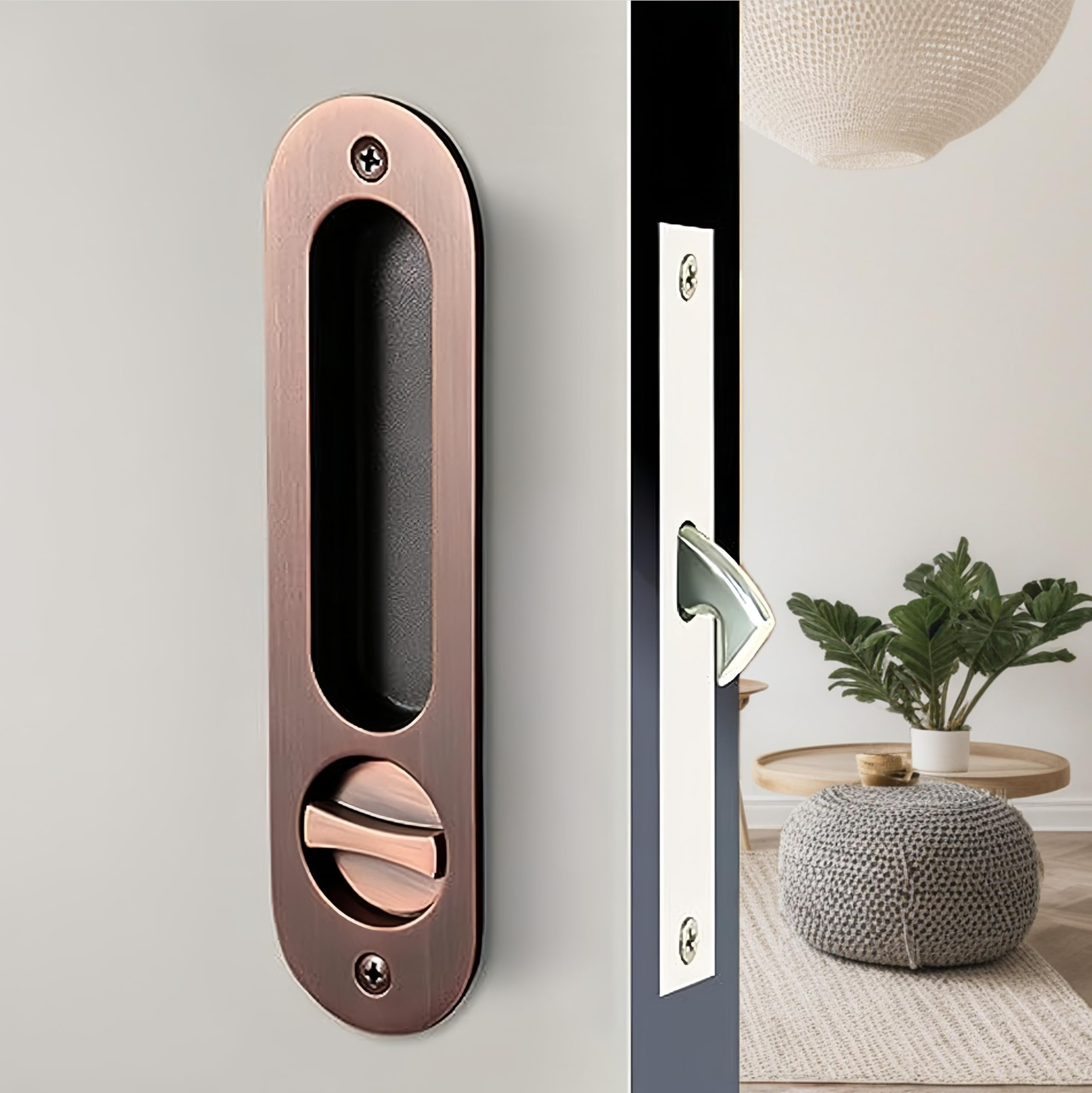 Sliding Pocket Door Lock,173mm Sliding Door Latch with Turn Knob for Interior Wooden Door,Invisible Recessed Door Handle with Key,Keyed Pocket Doors Mortise Lock (Red Bronze) - Image 3