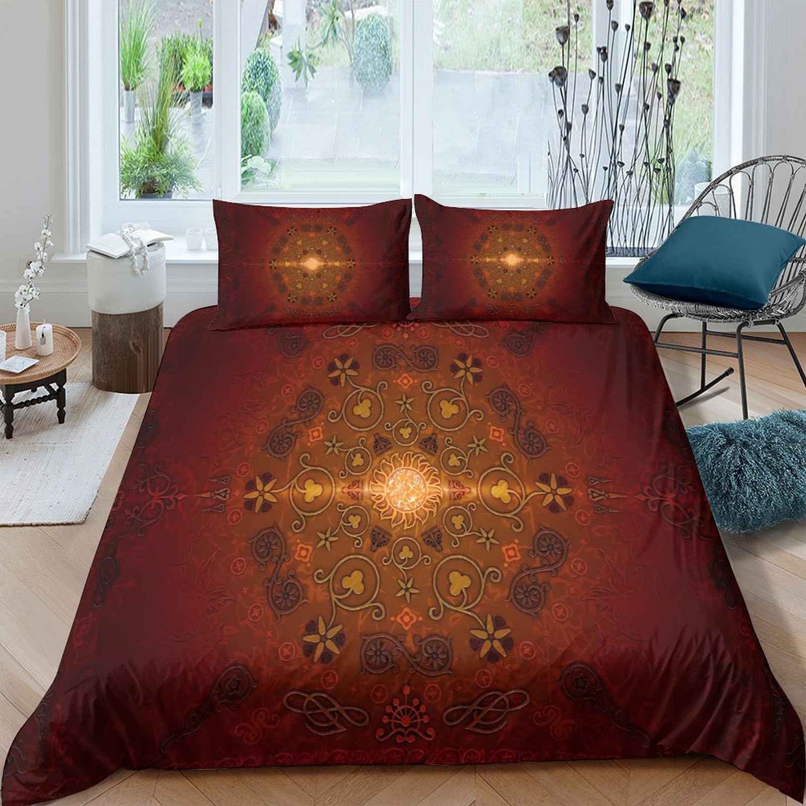 Housse de couette 3D King microfibre premium Soleil Central parure de lit 3 pièces durable