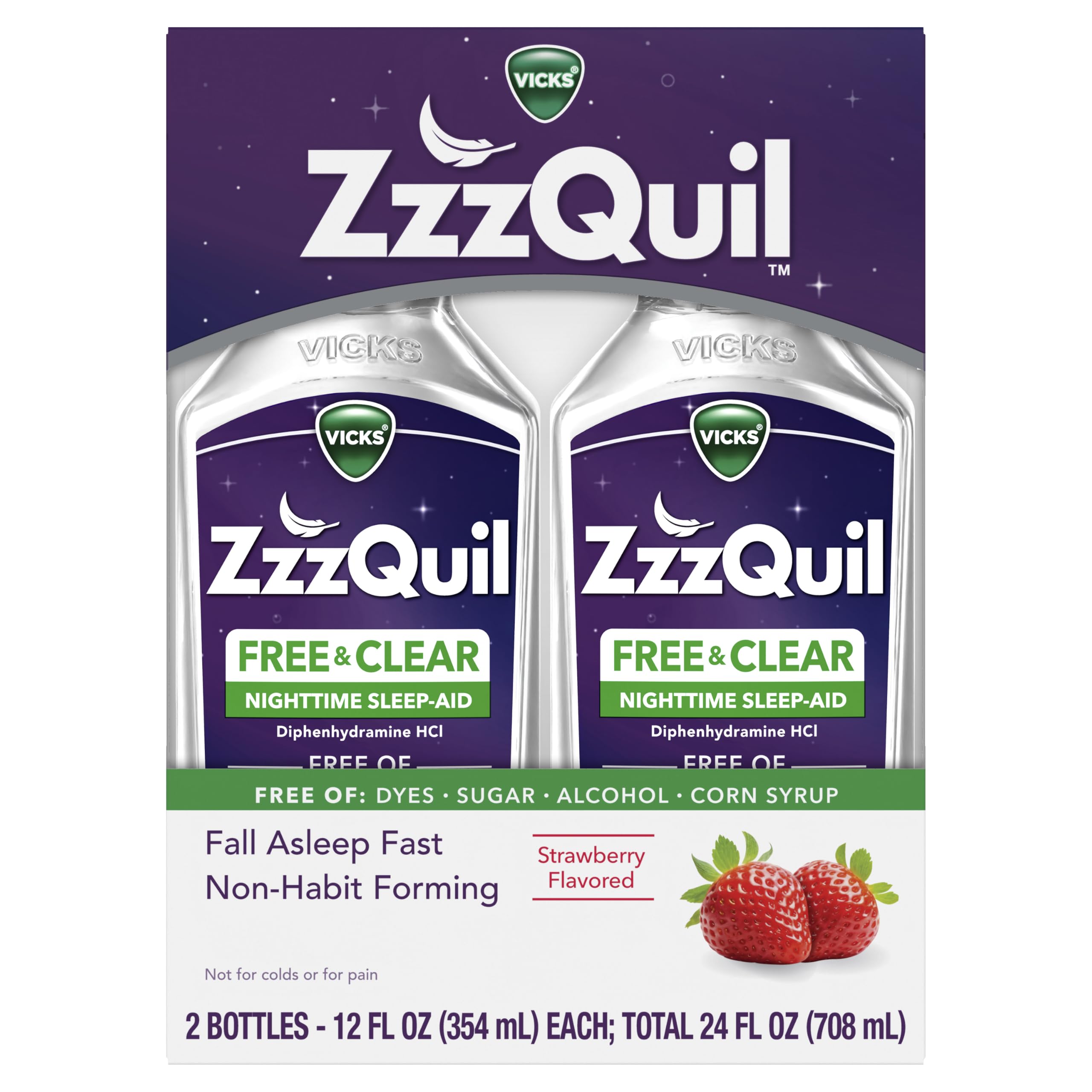 ZzzQuil Liquid Sleep Aid, Diphenhydramine 50mg HCI, Free & Clear, Free of Alcohol and Artificial Dyes, Nighttime Sleep Aid Liquid, Non-Habit Forming, Strawberry Flavored, 2 Pack, 24 FL OZ — Amazon image 11