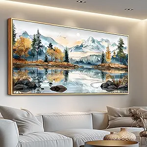 ERQINHUA Large Canvas Wood Framed Abstract Wall Art Living Room Wall Decor for Bedroom Office Decoration Watercolour Paint Tree Lakeside Landscapes Picture Artwork Home Decor Ready to Hang 30x60 In