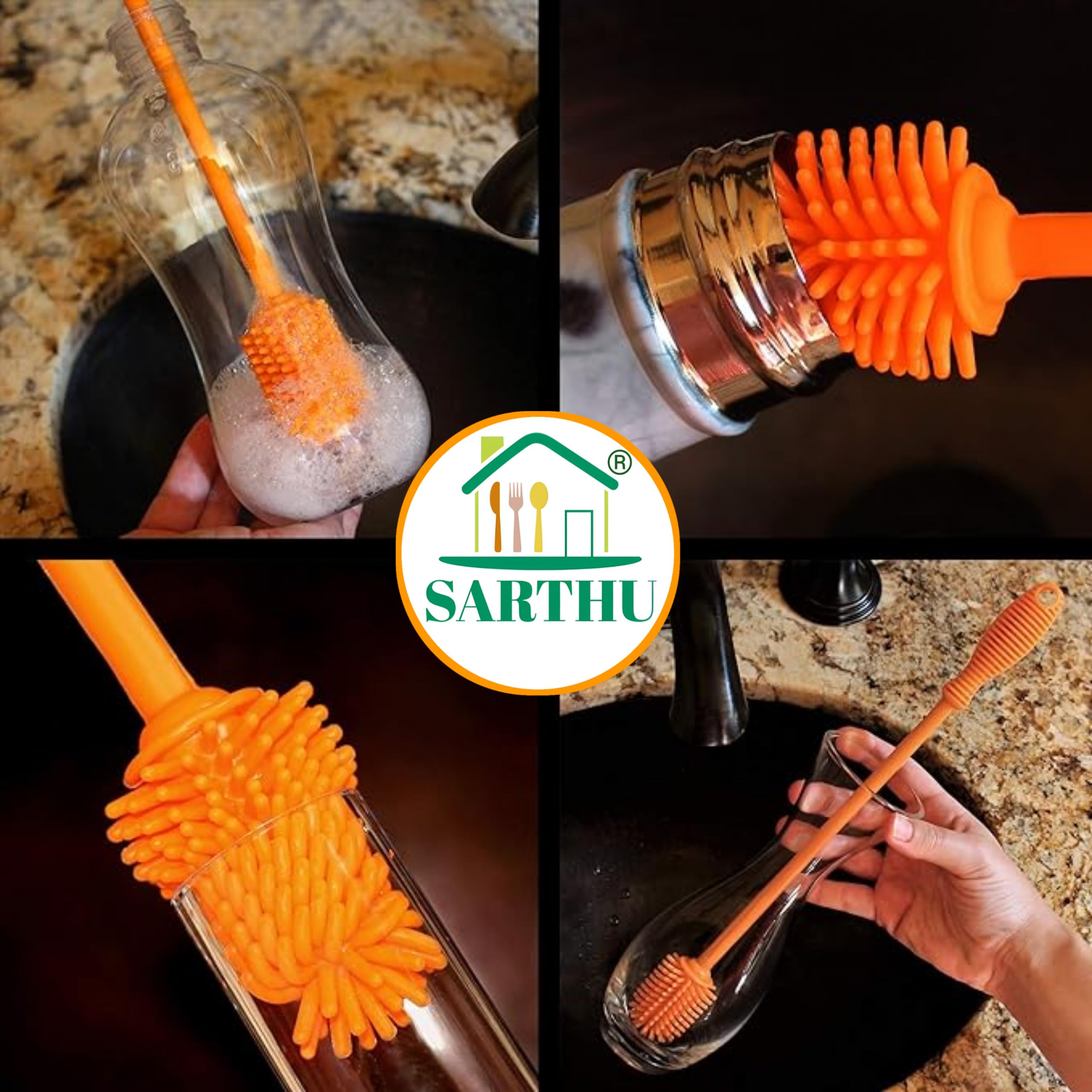 Sarthu Pack of 2 Bottle Cleaning Brush Silicone Long Handle, Cup Lid Cleaner Brush.Multifunctional Brushes for Water Bottles, Straws, Windows, Grooves, Keyboards Efficient Cleaning Tools Multicolor