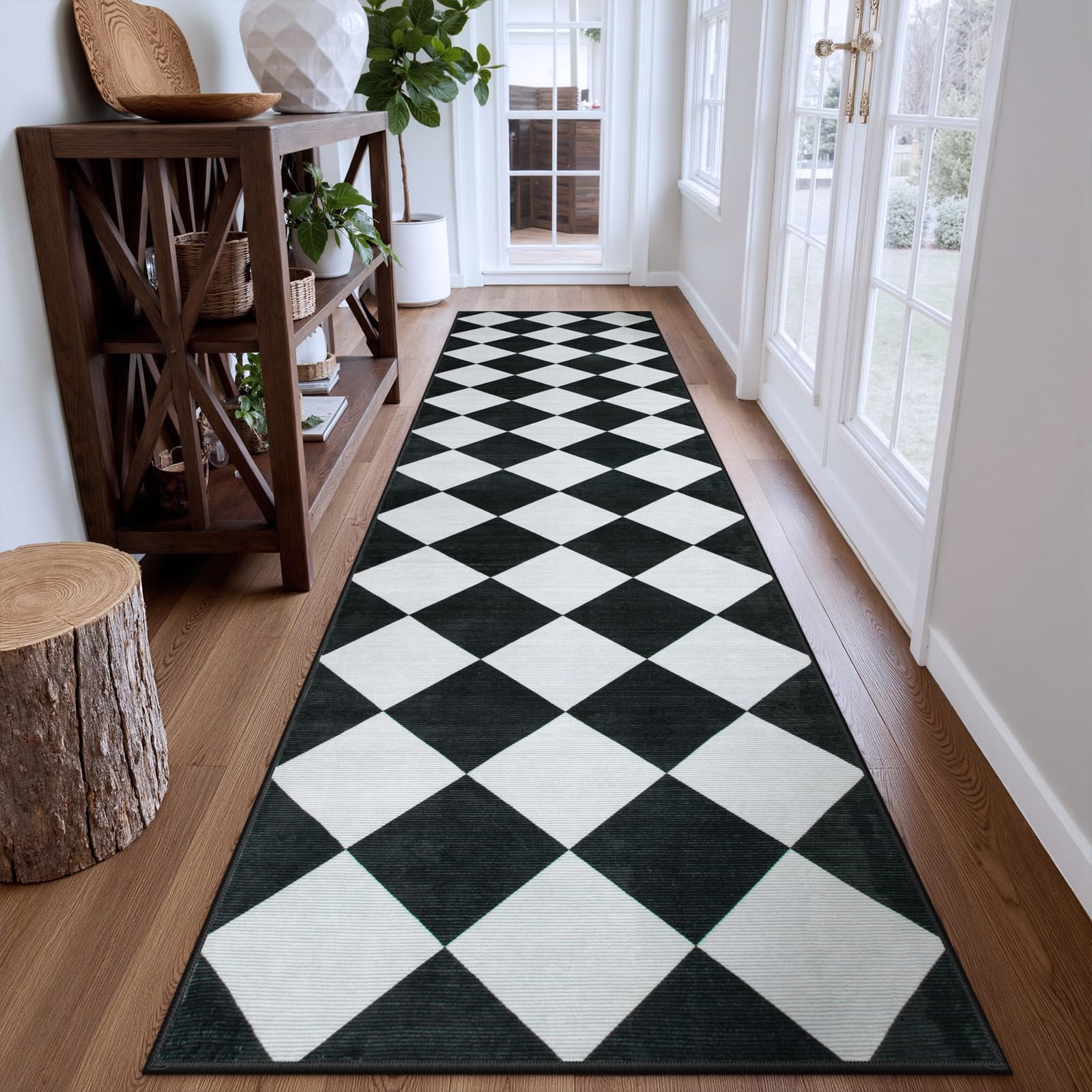 Beeiva Checkered Print Washable Rug Runners for Hallways Non Slip 2.5x10, Ultra Thin Black Kitchen Runner Stain Resistant Hallway Runner Rug 10 ft,