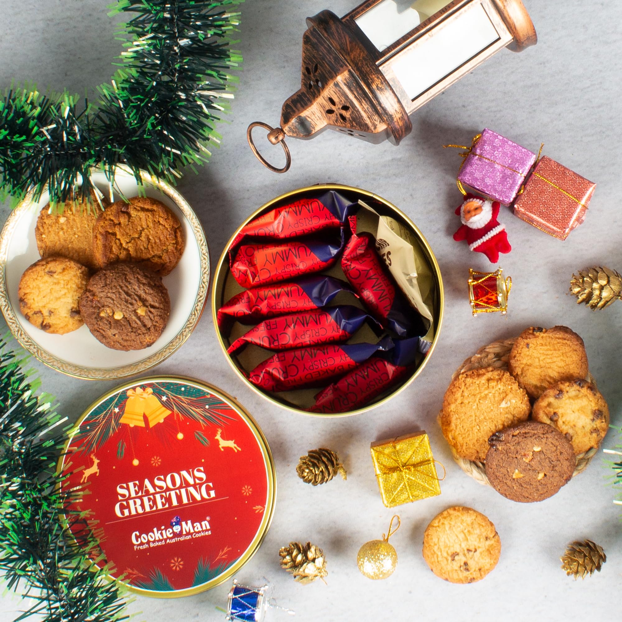 CookieMan Premium Assorted Cookies Gift Pack - 300g | Ideal Gifting for New Year & Season Greetings | Freshly Baked Australian Cookies in 5 flavours | Red Gift Tin Hampers for Friends and Family and Corporate Gifting