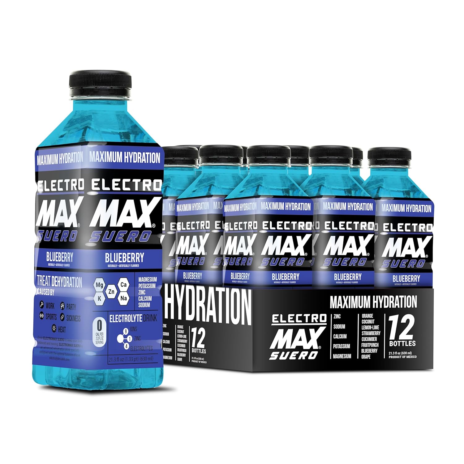 ( BBD:02/12/25)ELECTROMAX SUERO - Zero Sugar Electrolyte Drink 12-Pack (21.3 Fl Oz Each), Hydration for Sports, Recovery, and Daily Use Magnesium, Potassium, Zinc, Calcium Zero Calories. (Blueberry)