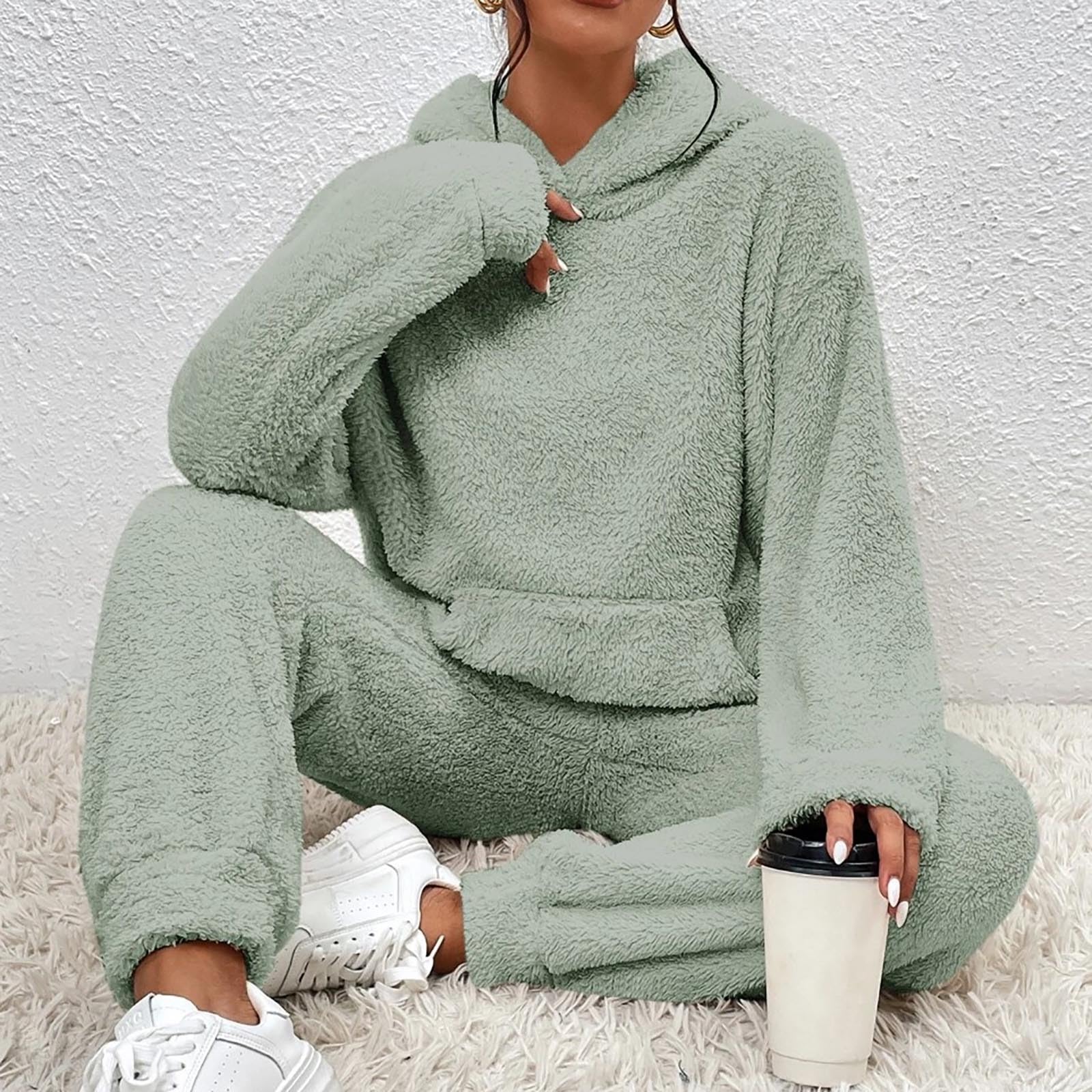 Generisch Traje de casa para mujer, pijama de forro polar, pijama largo y mullido, monocolor, sudadera y pantalón cálido, 2 piezas, traje de ocio, traje de ocio de invierno