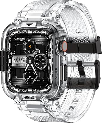 amBand Bands Compatible with Apple Watch 9/8/7 45mm, M1 Sport Series Rugged Case with TPU Strap Military Protective Tough Cover Bumper for iWatch SE3/SE2/SE/6/5/4 44mm Men Clear, Fathers Day Gift