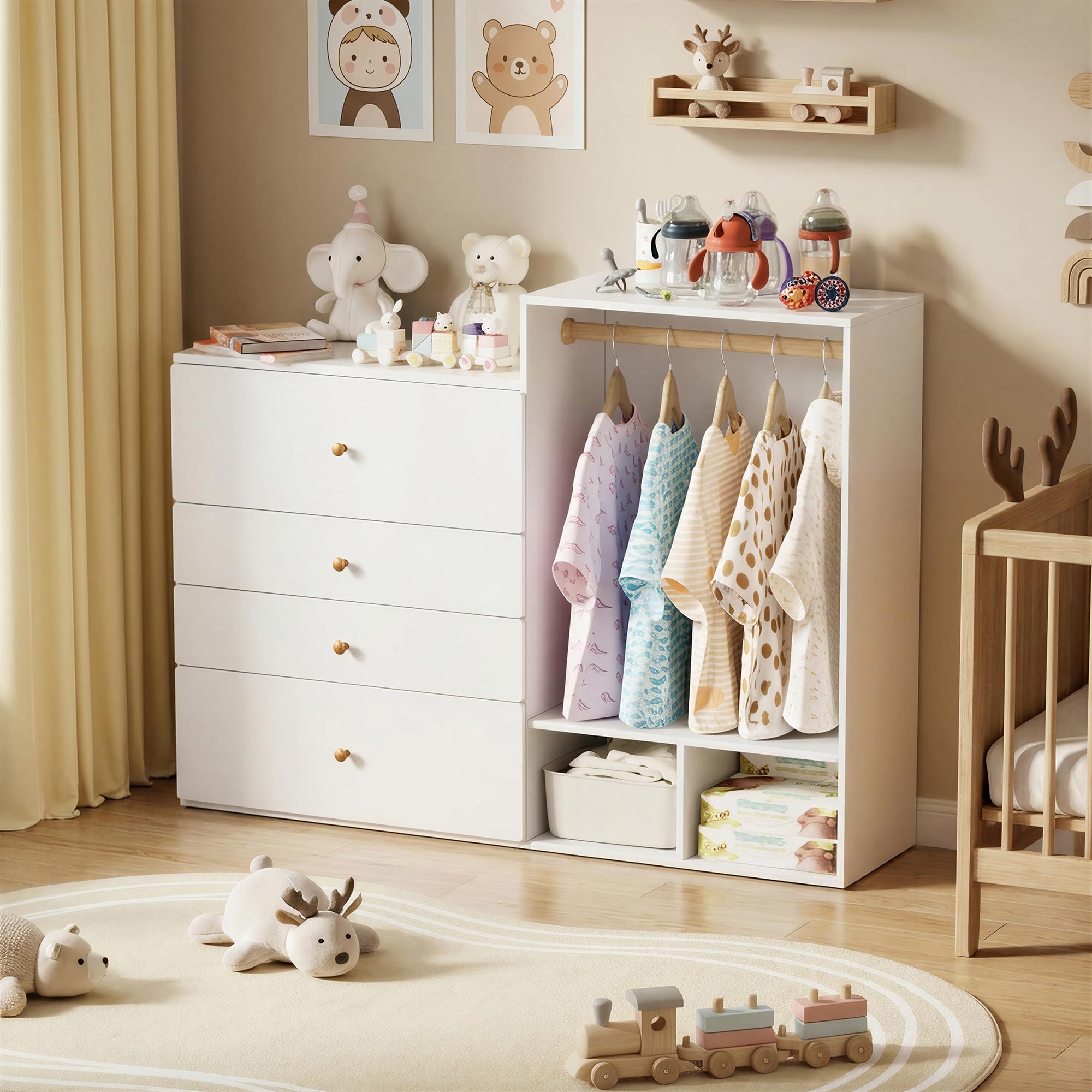 MSFE Cambiador Bebe con 4 Cajones, área para colgar ropa, Mueble Cambiador bebe, Cómoda cambiadors, Estantes laterales,No incluye cojín de mesa, 150x112x38cm, fino a 100KG, Dos paquetes