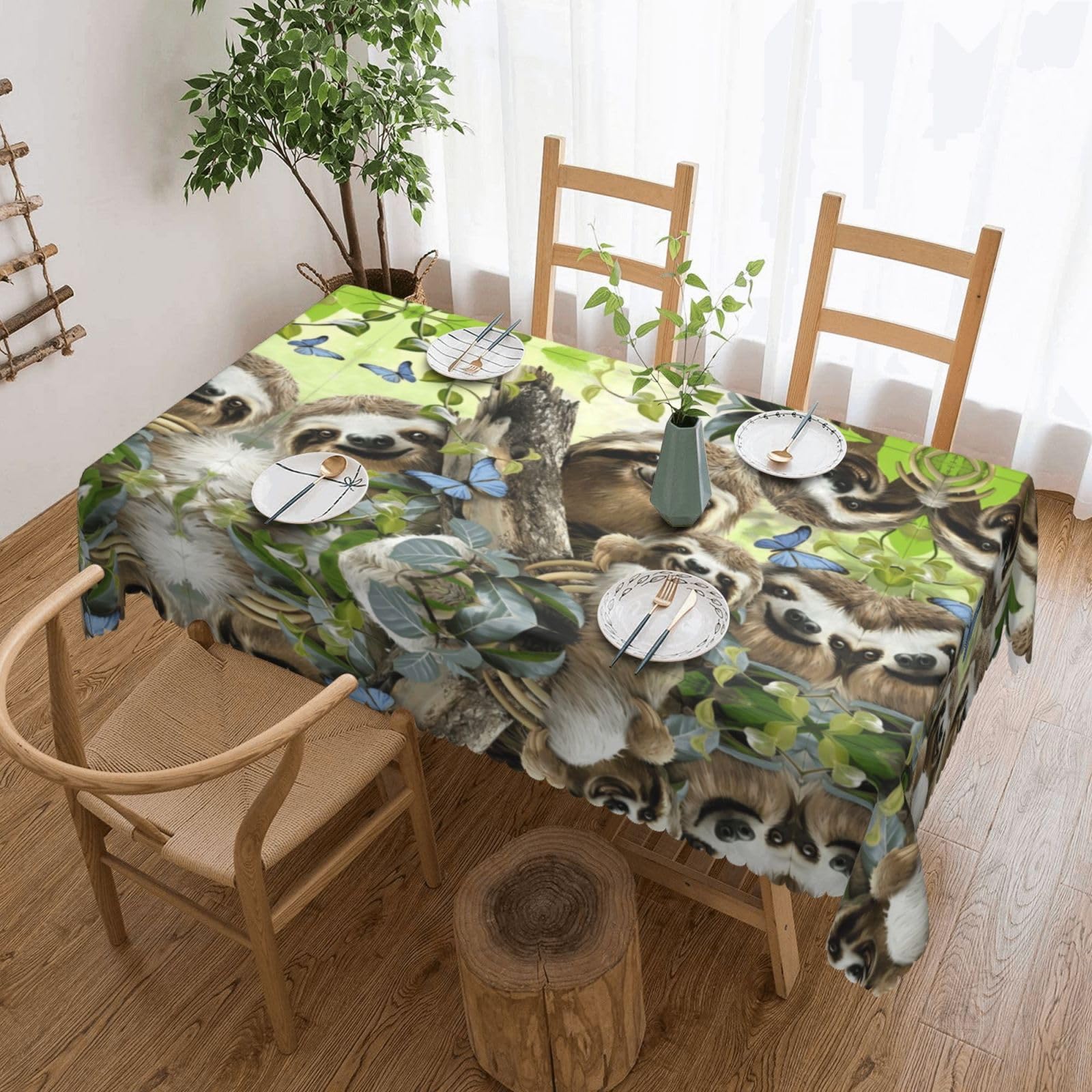 QAZWZML Sloth Family Printed tablecloth, made of thick polyester with lace trim, suitable for dining rooms, picnics, and weddings