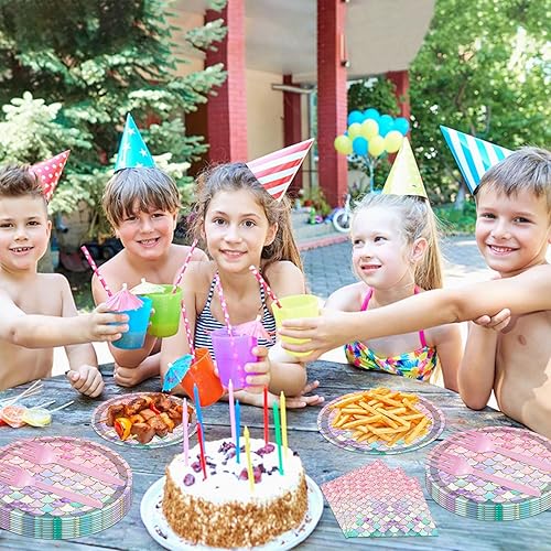 Miniatura 3 de Juego de vajilla de 96 piezas de platos y servilletas de sirena, suministros para fiesta de cumpleaños de sirena, decoración de fiesta de cumpleaños