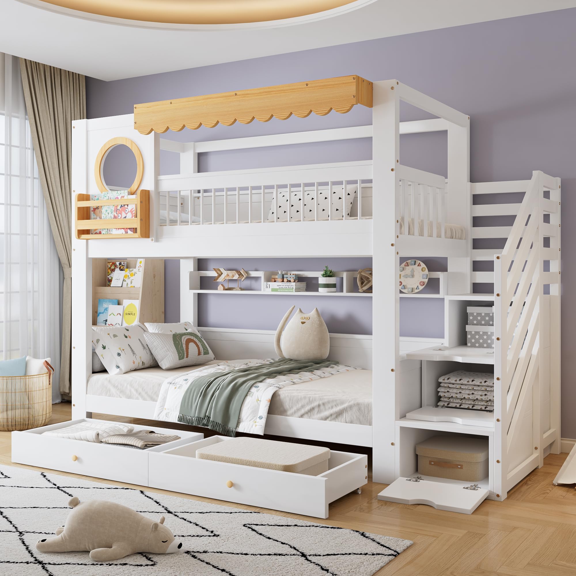 Dolamaní Cama infantil litera, 90 x 200 cm, litera para 2 niños y 2 cajones con ruedas, cama de casa con espacio de almacenamiento, escalera de madera de pino MDF, cama para niñas (sin colchón