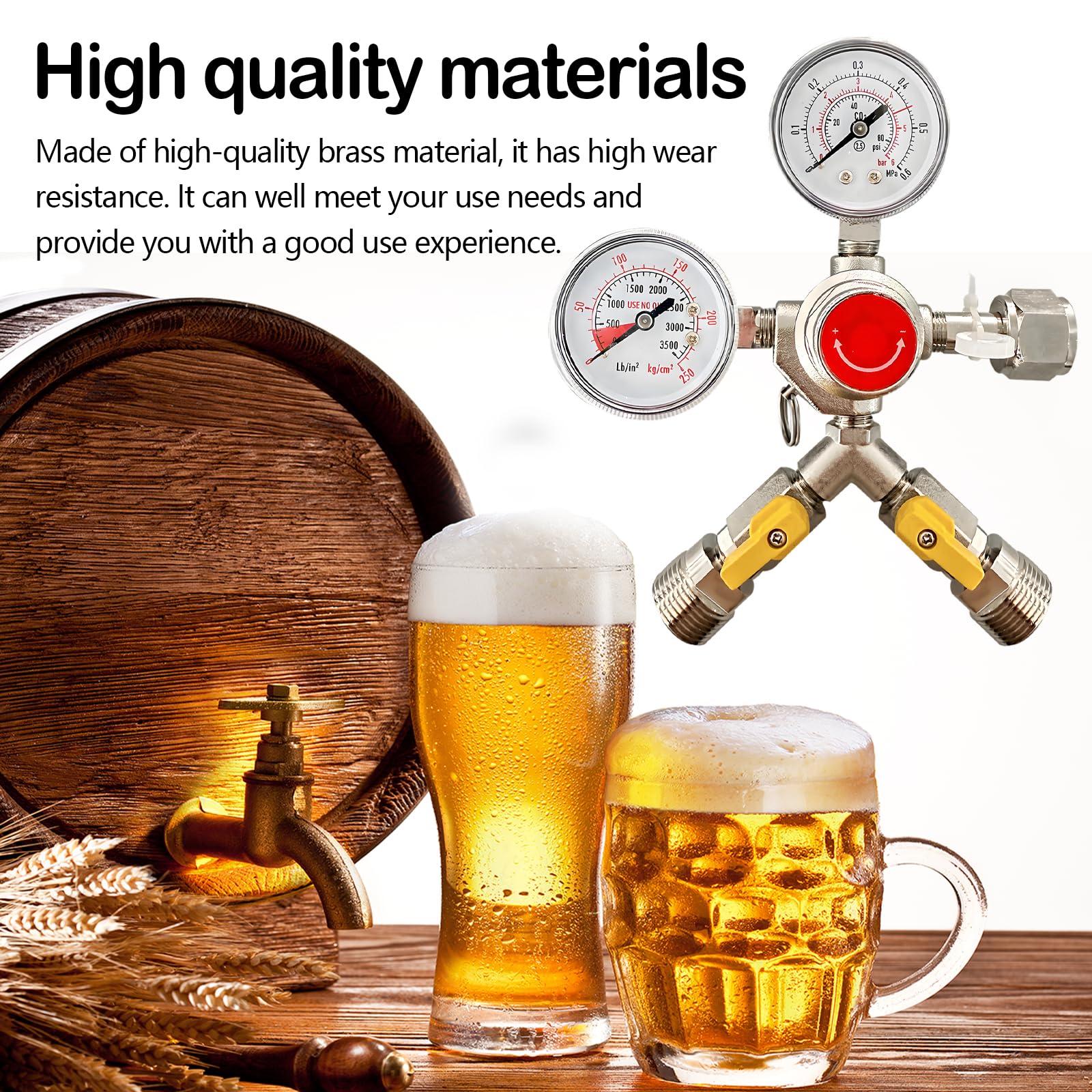 Reducteur de Pression, Détendeur Bière en Laiton avec Manomètres Doubles Régulateur de Pression CO2 avec Filetage D'entrée W 21,8 Filetage à Droite 1/14 Filetage Extérieur G3/4 pour Brassage de Bière