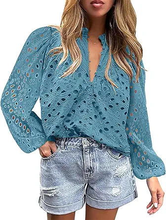 BETTE BOUTIK Women's Long Short Sleeve Tops 2025 Dressy Casual Button Hollow Out Lace Embroidered Blouses Shirts