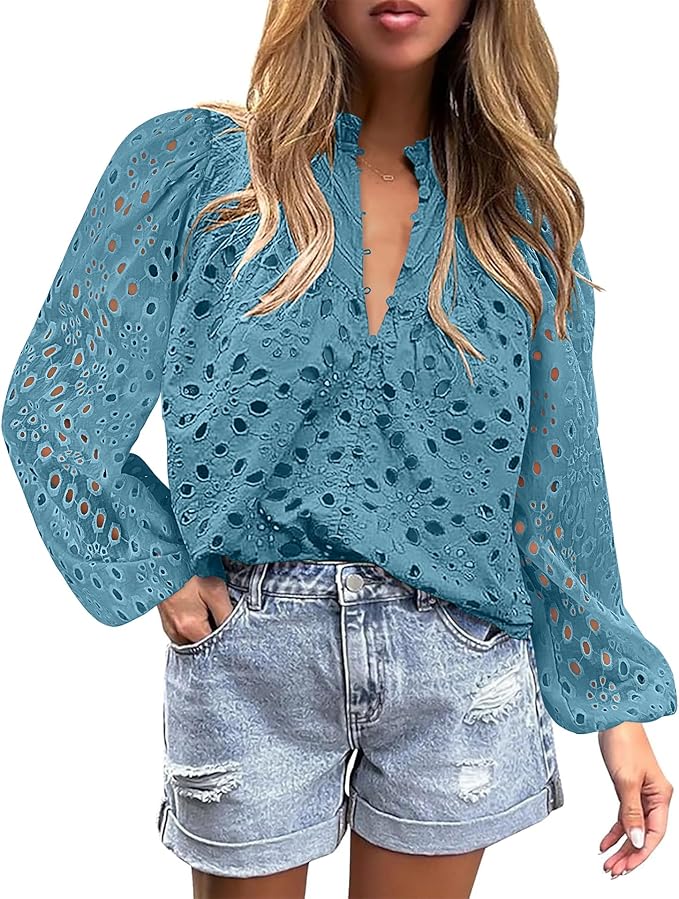 BETTE BOUTIK Women's Long Short Sleeve Tops 2025 Dressy Casual Button Hollow Out Lace Embroidered Blouses Shirts