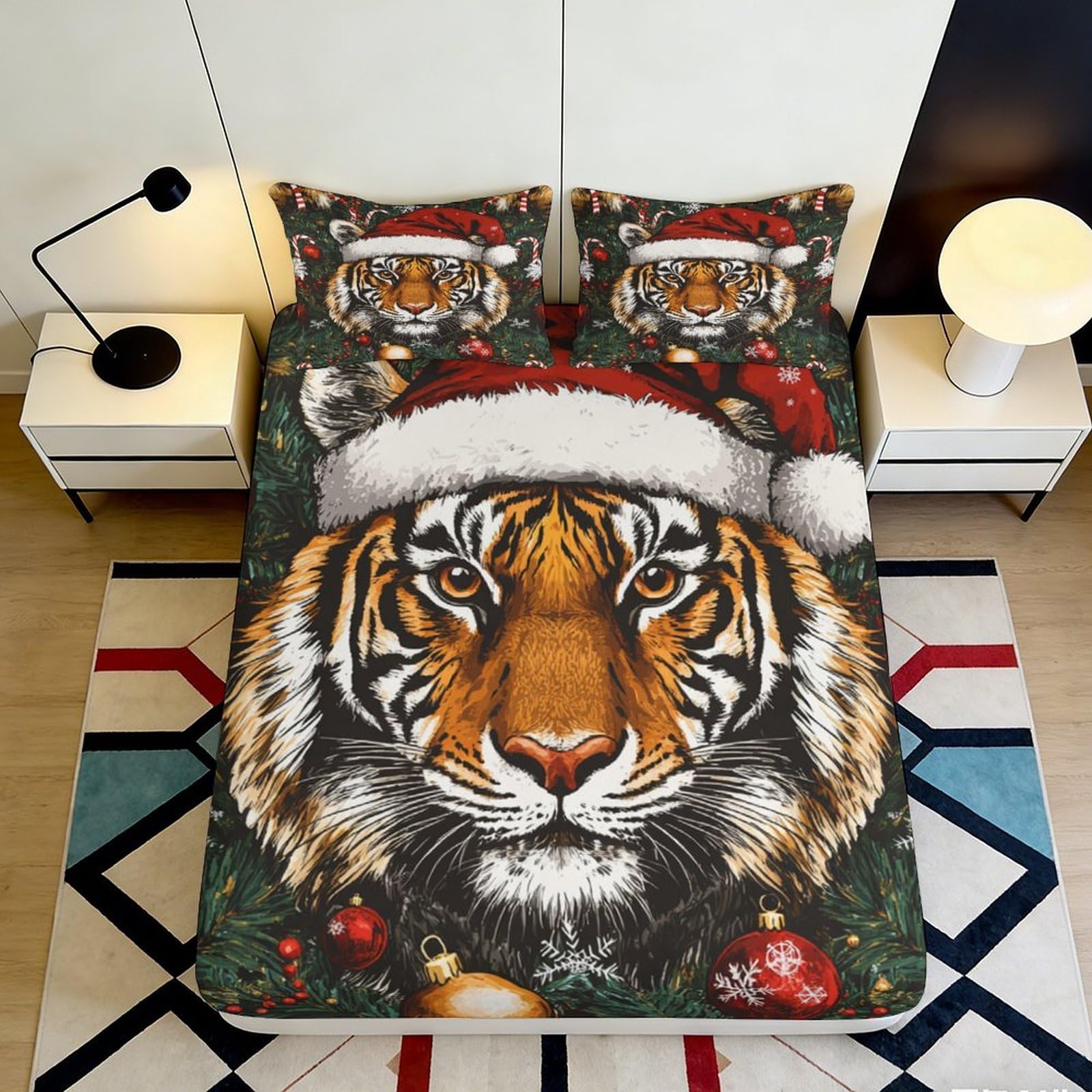 3D Printed Christmas Tiger Fitted Sheet Microfiber Soft Anti-Slip Santa Hat Bed Cover for Bedroom Guestroom Dorm Mattress Decor 90x200x25cm