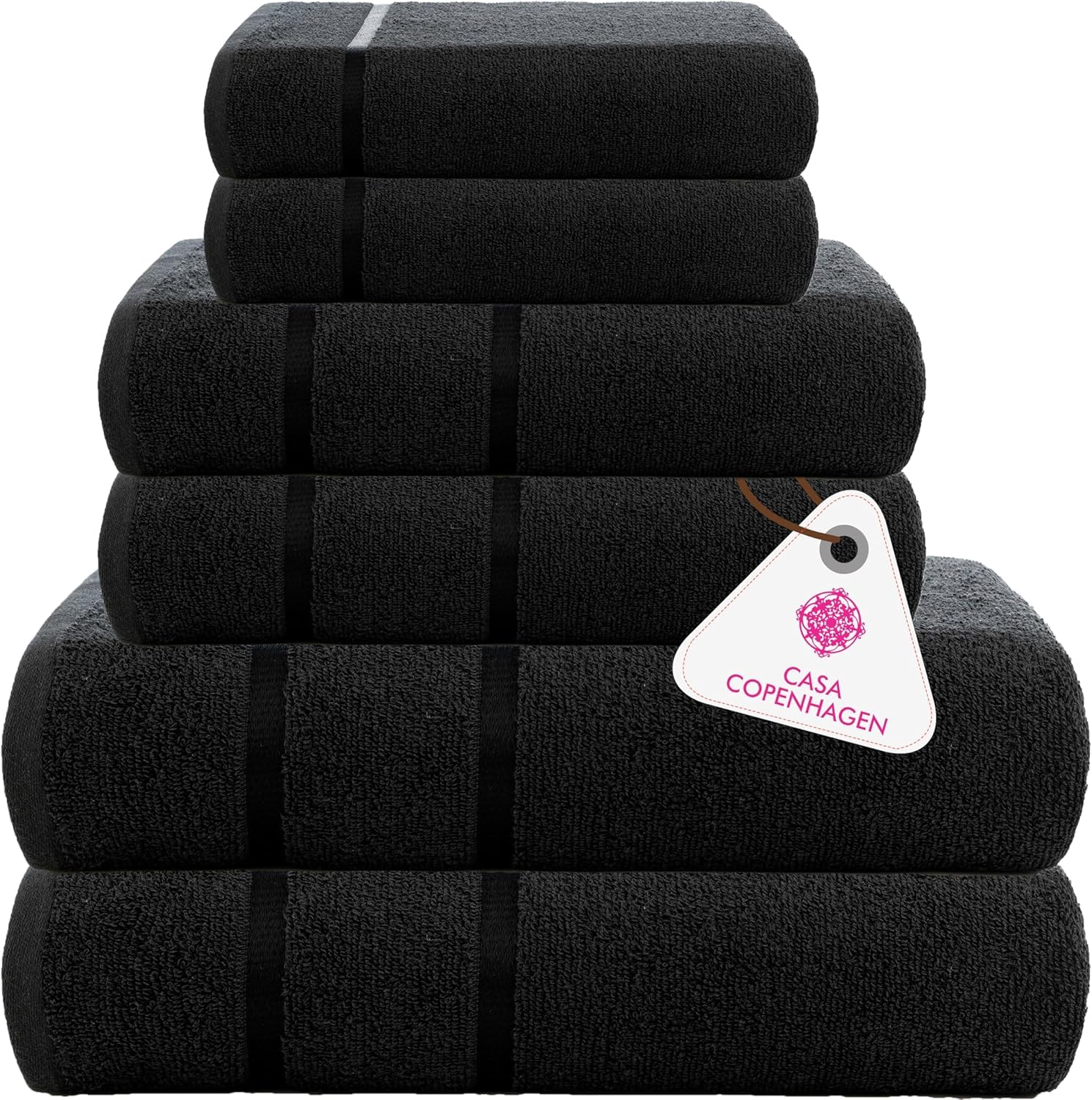 CASA COPENHAGEN Eternal 6Pcs 100% Egyptian Cotton Large Designer Towels Gift Set- Black, 500 GSM, 2Bath 2Hand 2Washcloths, Bath Towels for Bathroom Set for Women & Men