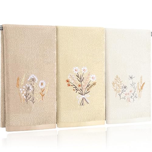 Tingjoo 3 Pcs Boho Flowers Hand Towels Farmhouse Floral Brown Wildflowers