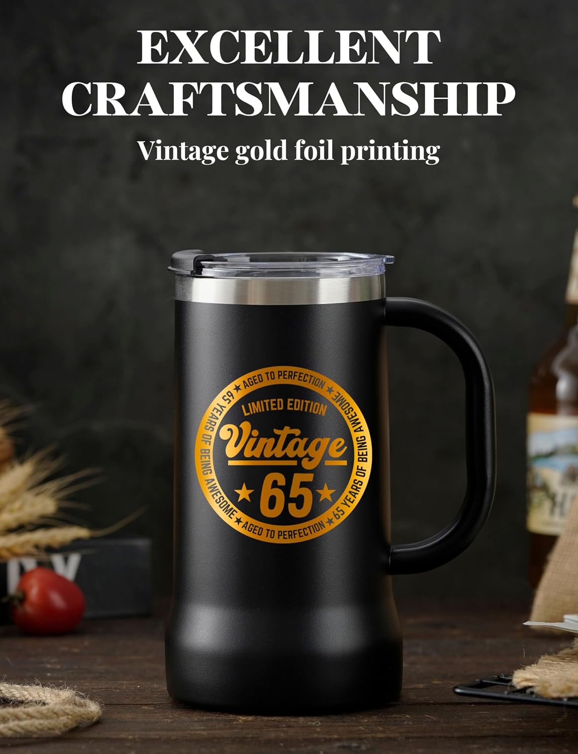 Onebttl 65th Birthday Gifts for Men, Dads, Grandpas, Husband, Vintage 65th Birthday Gifts, 24oz Stainless Steel Beer Stain Mug, Black
