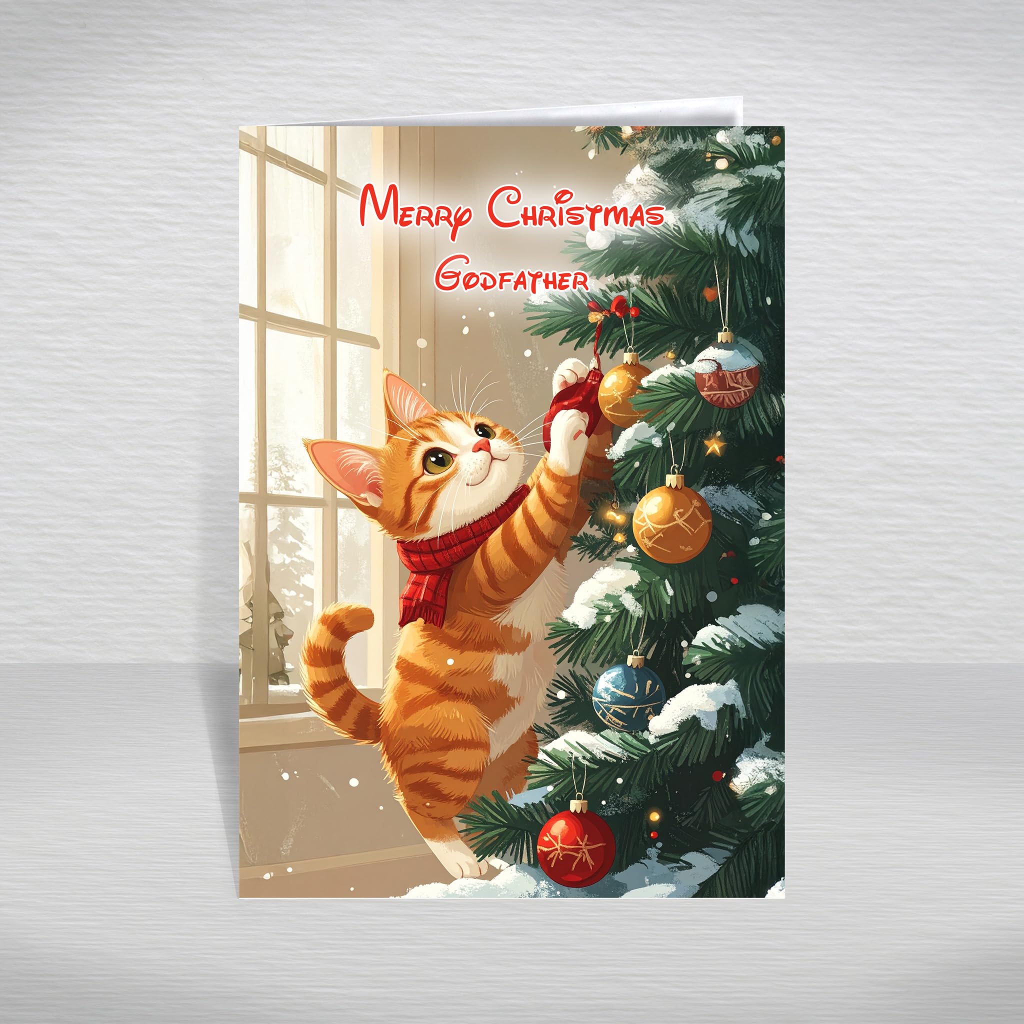 Cat Christmas Card for Godfather – Funny Kitten Playing with Christmas Tree Baubles, A5 Cute Cartoon Cat Greeting Card with a Special Verse Inside: Godfather Christmas Card — image 1