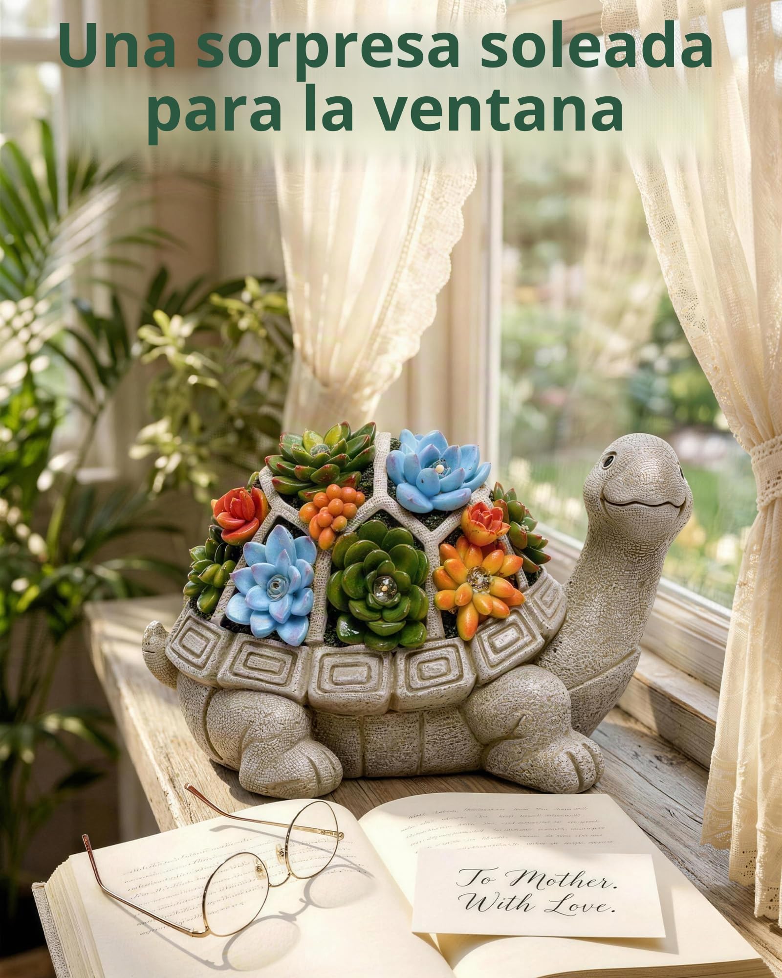 Yeomoo Figuras Solares de Jardín de Tortuga para Exterior, con Suculentas y 7 Luces LED para Decoración de Balcón en Casa, Figura Kawaii Regalos para Mujeres/Mamá para Decoración de Habitación y