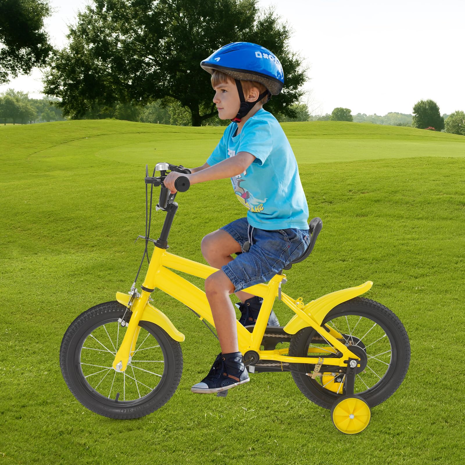Bicicletta per bambini 14 pollici con ruote di supporto e parafanghi, freno doppio, altezza regolabile 43-49 cm