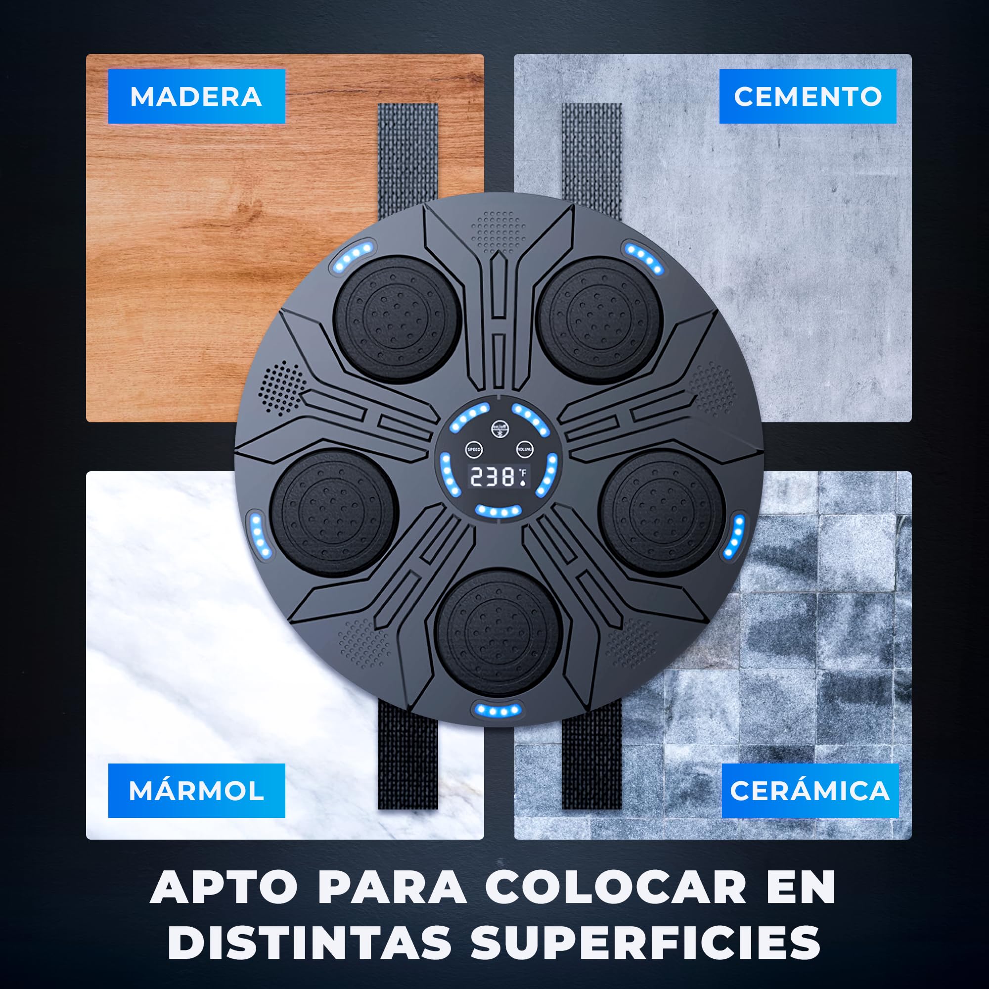 JUPPLIES Maquina de Boxeo Musical para Pared – Kit Boxing con Guantes, Diana Electrónica, Luces LED, Musica Bluetooth y 9 Modos Ajustables para Entrenamiento en Casa