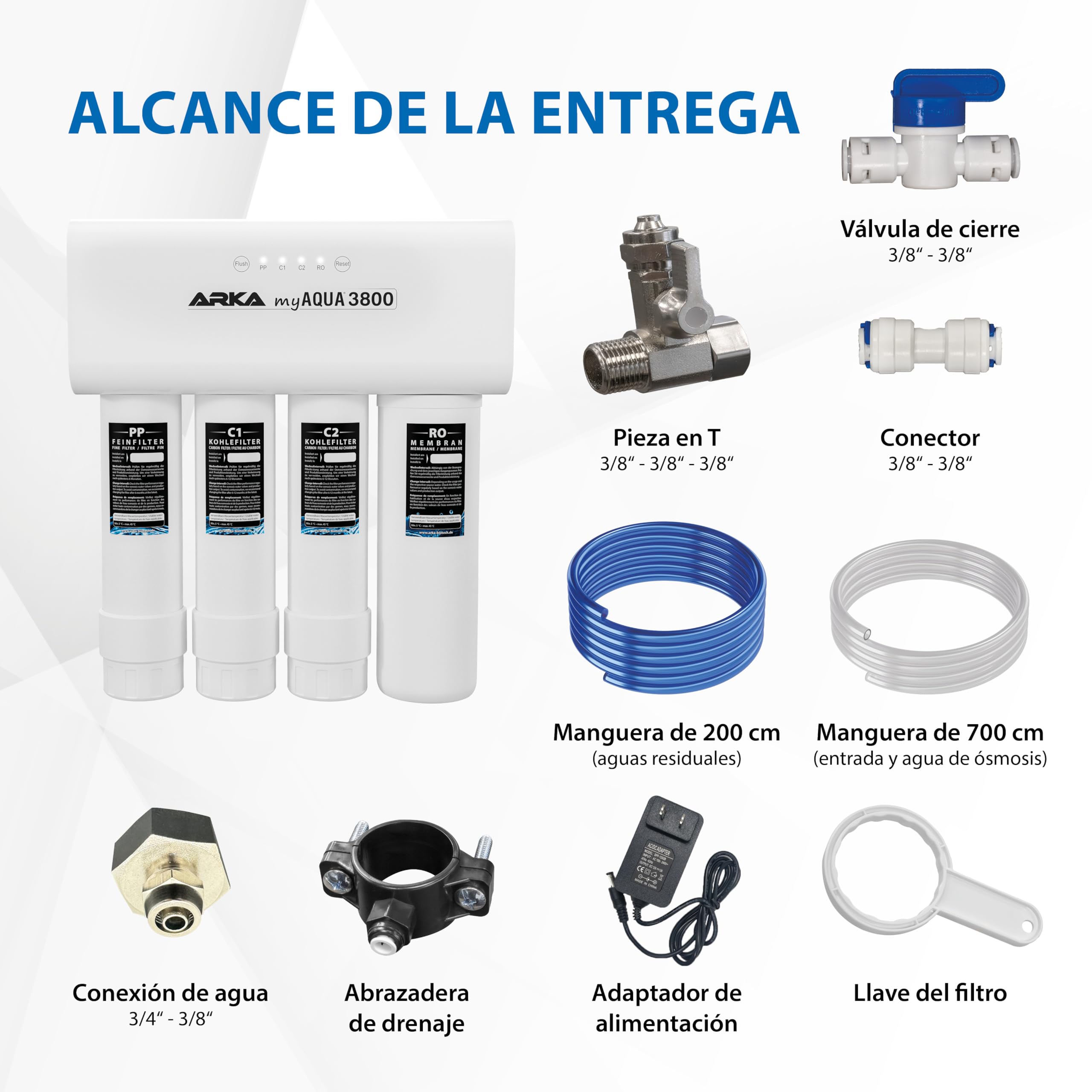 Sistema de ósmosis inversa 3800 l/día – ARKA myAQUA 3800 – elimina 99 % impurezas, sales y bacterias – filtro de agua para hogar & acuario – set completo con indicador LED inteligente