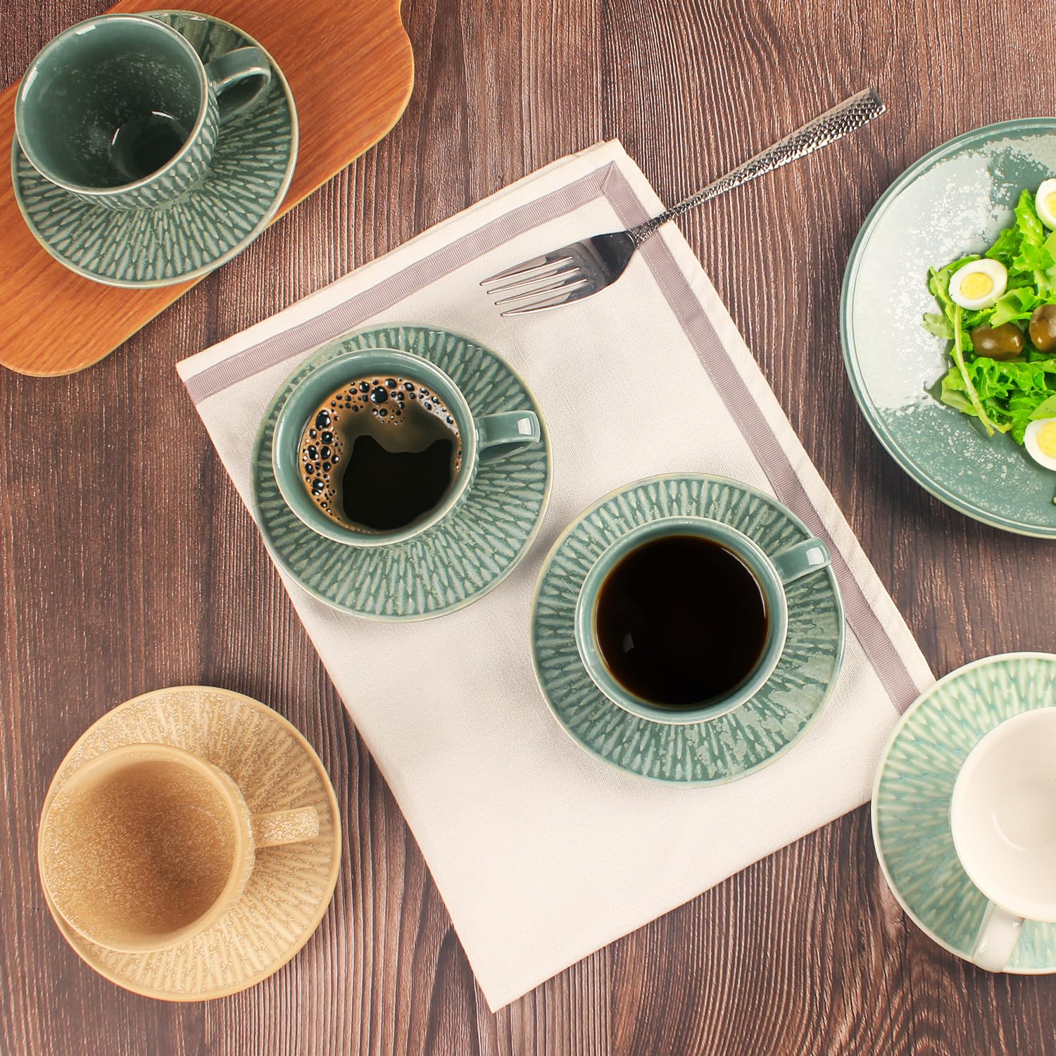 Set di tazze da caffè in ceramica con piattino, 8 pezzi, impilabili, per latte, tè caldo, cappuccino, moka, cacao, lavastoviglie e microonde, verde scuro